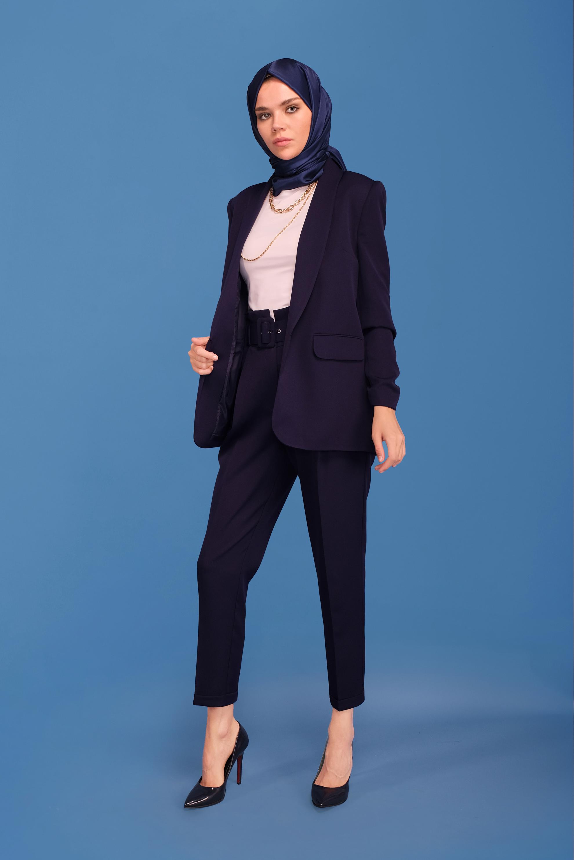 Tesettür giyim LACİVERT MANŞETLERİ LASTİKLİ İKİLİ PANTOLONLU TAKIM 30129