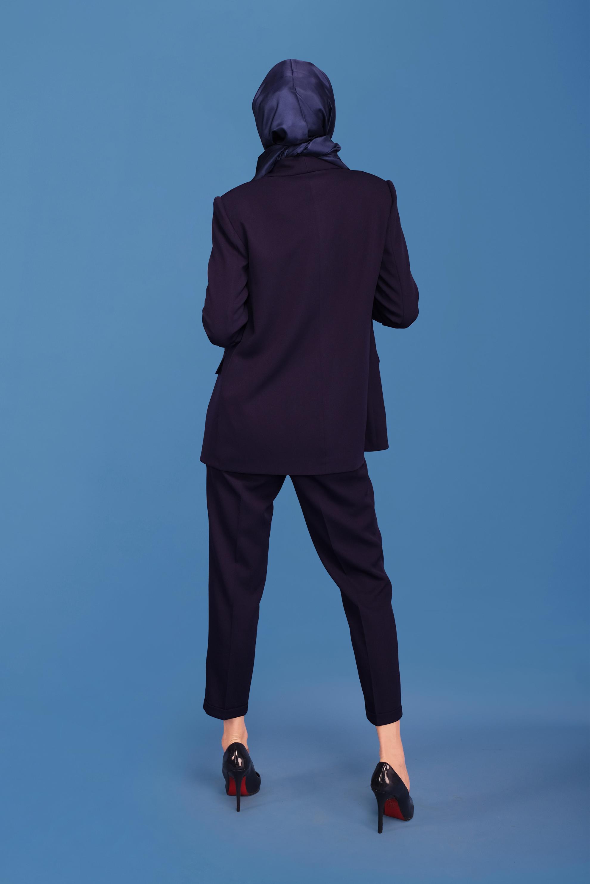 Tesettür giyim LACİVERT MANŞETLERİ LASTİKLİ İKİLİ PANTOLONLU TAKIM 30129