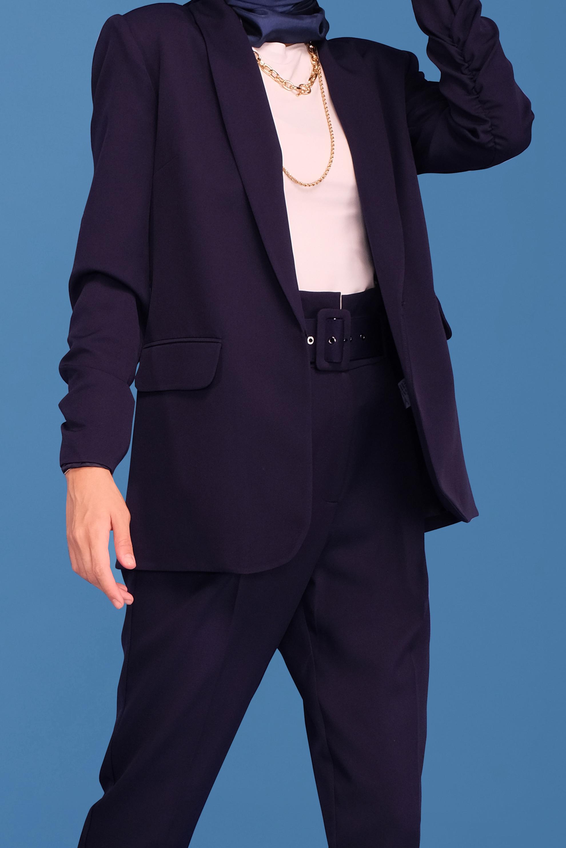 Tesettür giyim LACİVERT MANŞETLERİ LASTİKLİ İKİLİ PANTOLONLU TAKIM 30129