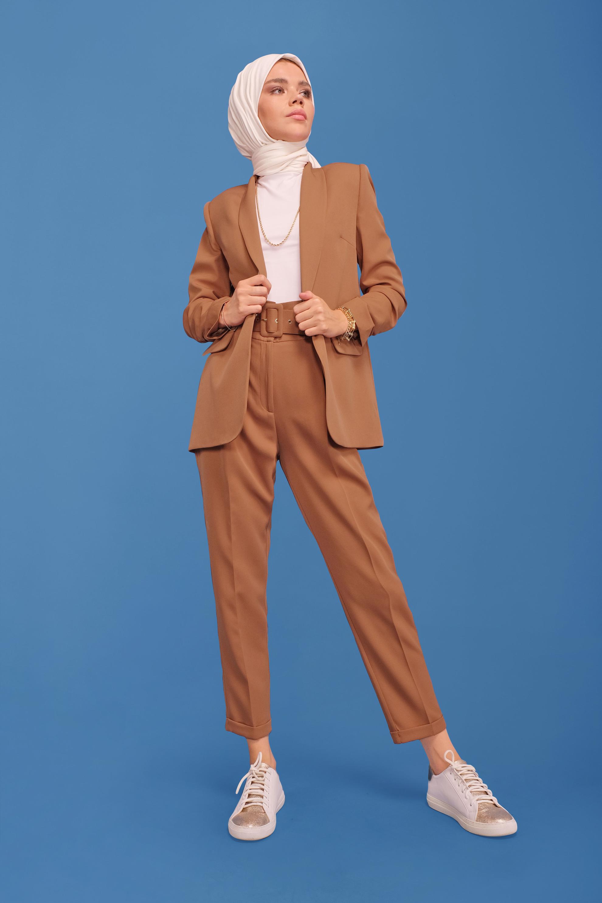 Tesettür giyim TABA MANŞETLERİ LASTİKLİ İKİLİ PANTOLONLU TAKIM 30129