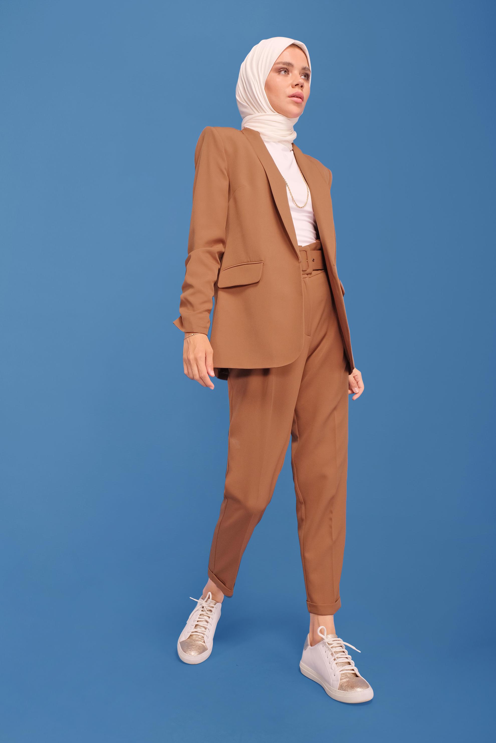 Tesettür giyim TABA MANŞETLERİ LASTİKLİ İKİLİ PANTOLONLU TAKIM 30129