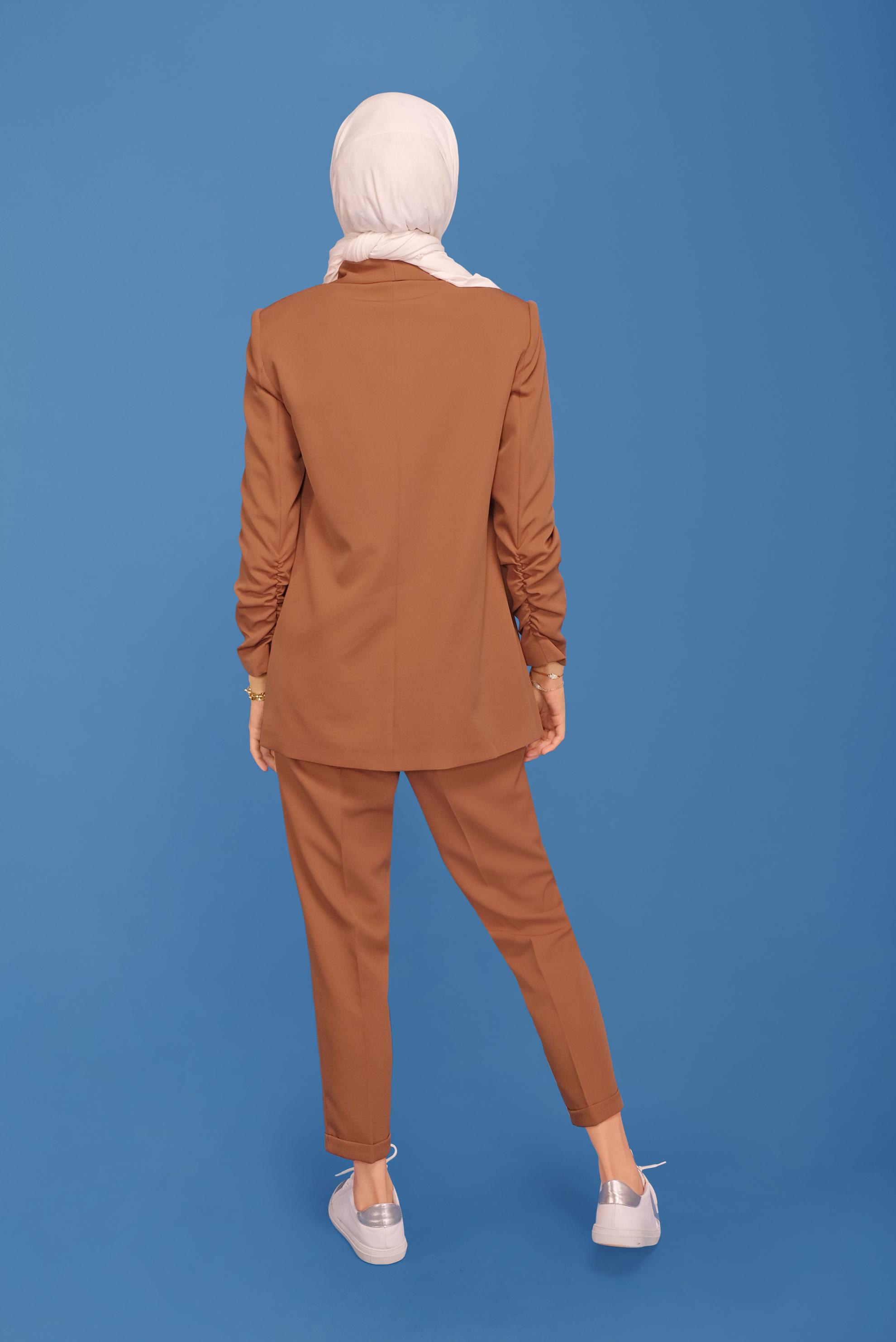 Tesettür giyim TABA MANŞETLERİ LASTİKLİ İKİLİ PANTOLONLU TAKIM 30129