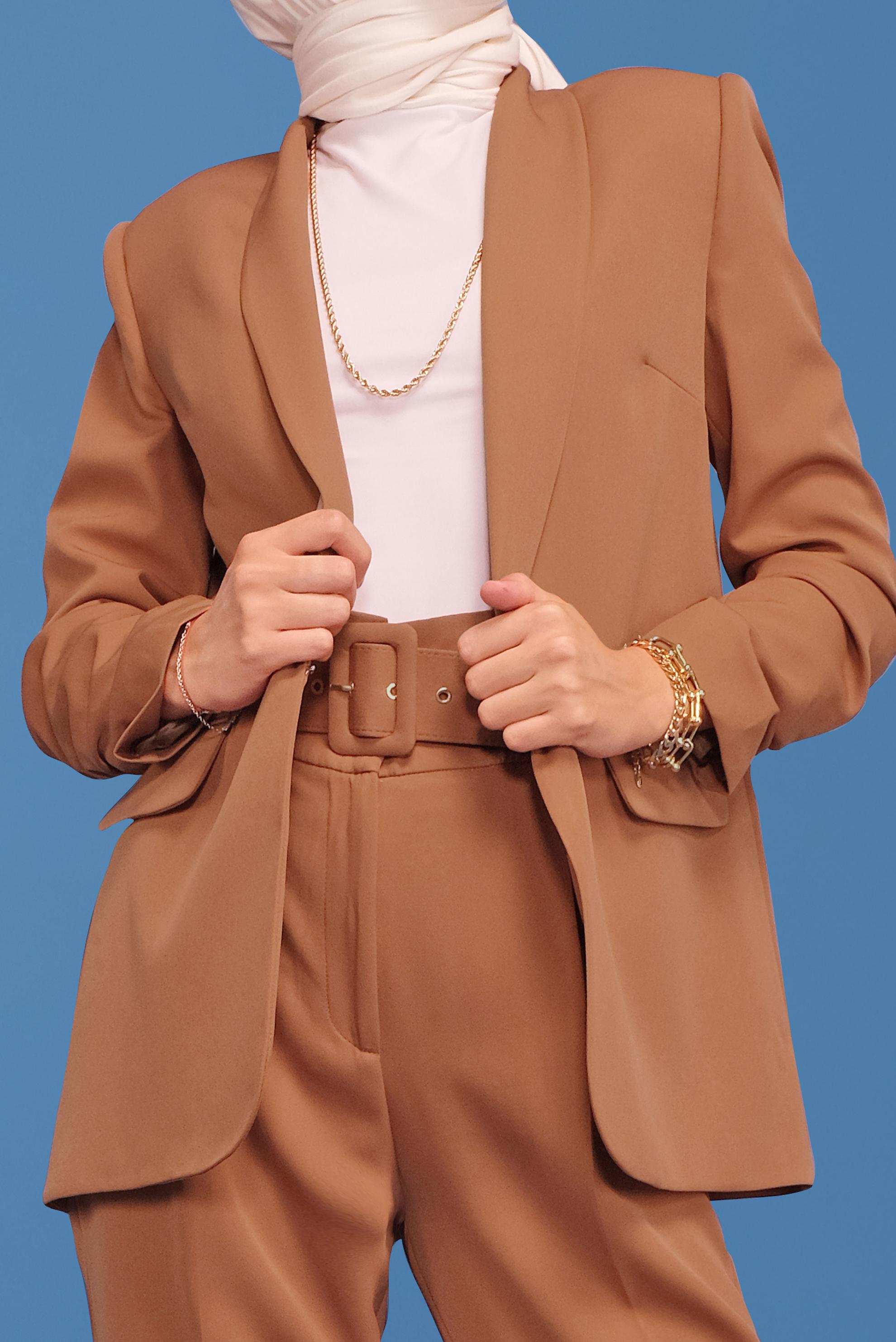 Tesettür giyim TABA MANŞETLERİ LASTİKLİ İKİLİ PANTOLONLU TAKIM 30129