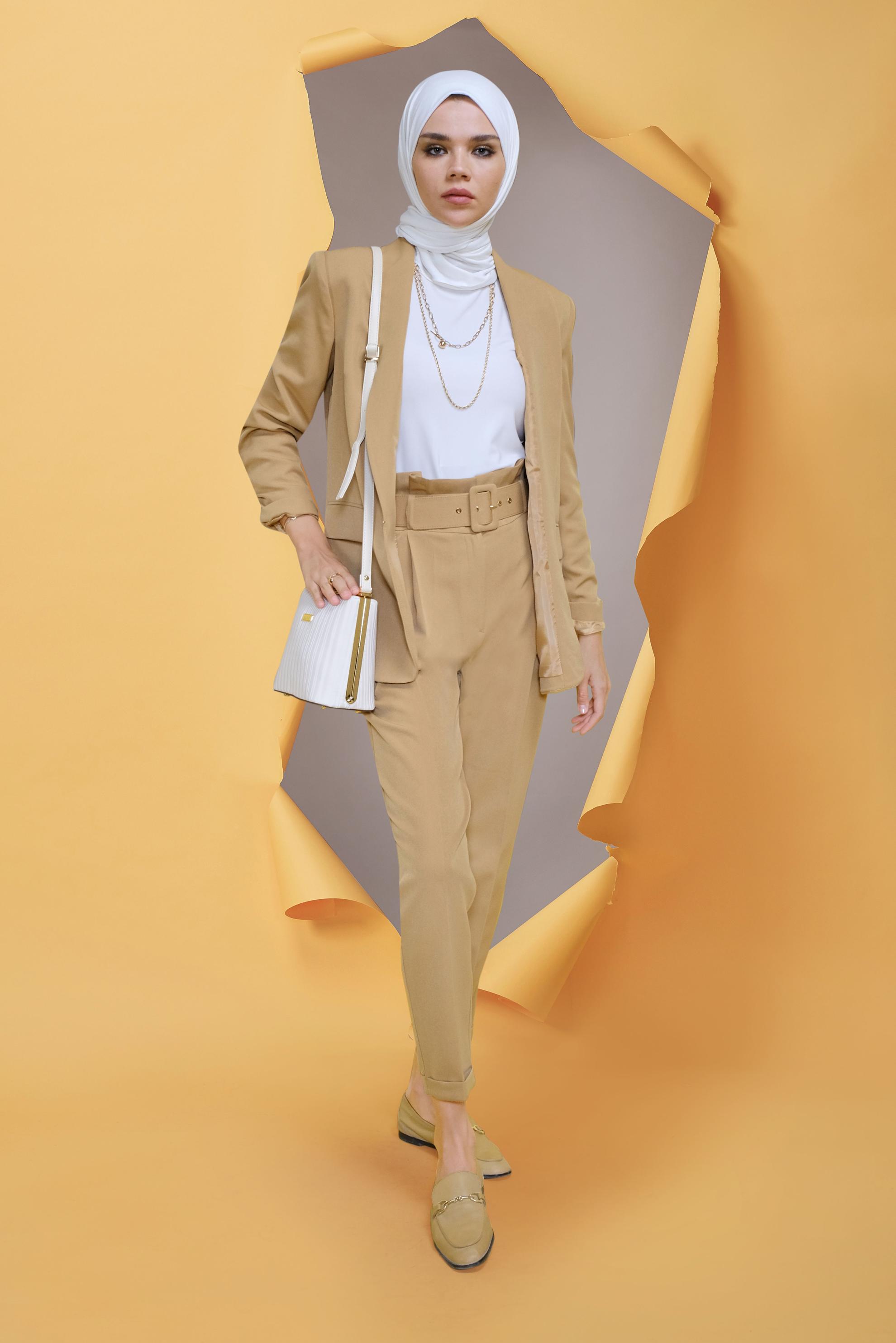 Tesettür giyim KAHVE MANŞETLERİ LASTİKLİ İKİLİ PANTOLONLU TAKIM 30129