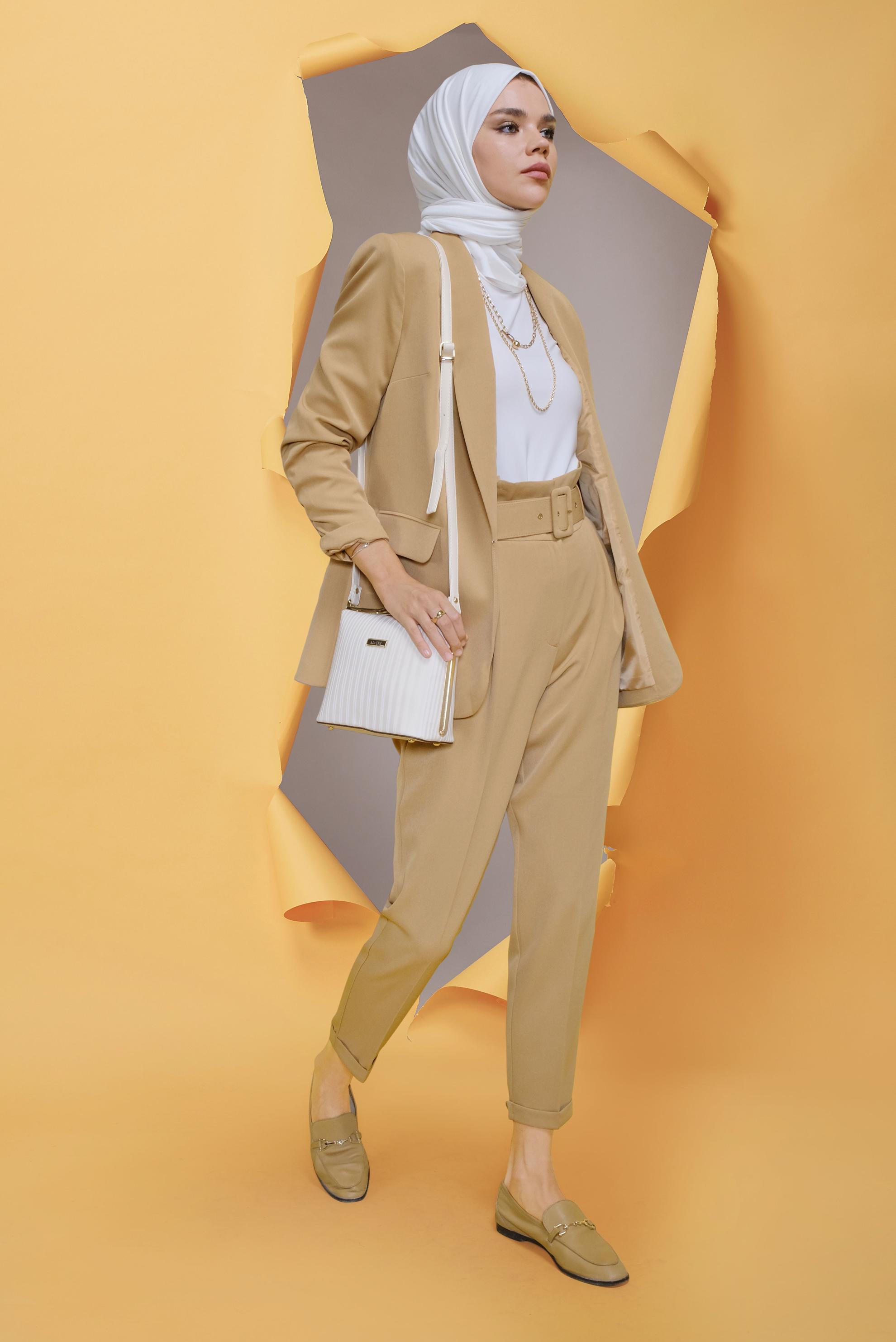Tesettür giyim KAHVE MANŞETLERİ LASTİKLİ İKİLİ PANTOLONLU TAKIM 30129