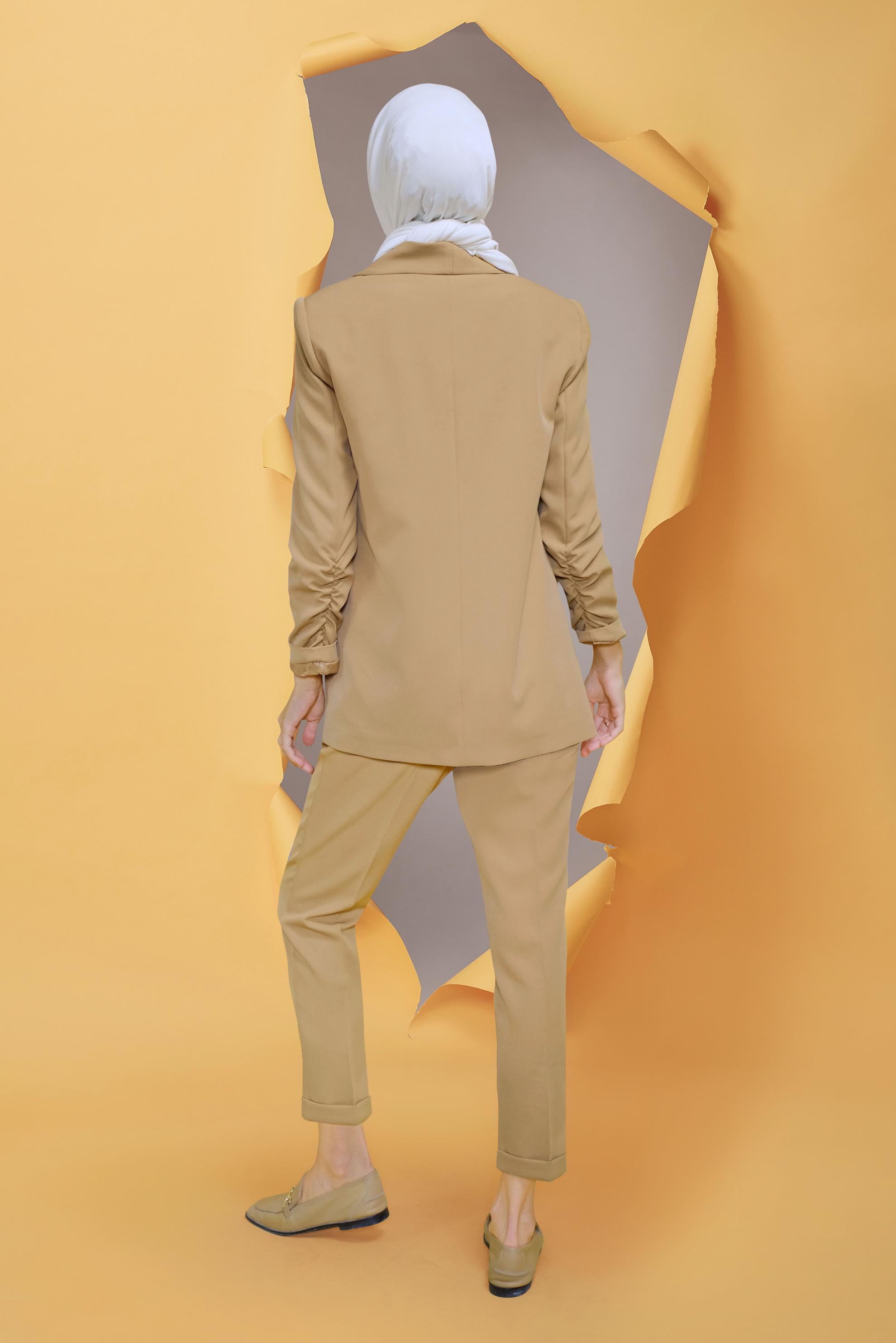 Tesettür giyim KAHVE MANŞETLERİ LASTİKLİ İKİLİ PANTOLONLU TAKIM 30129