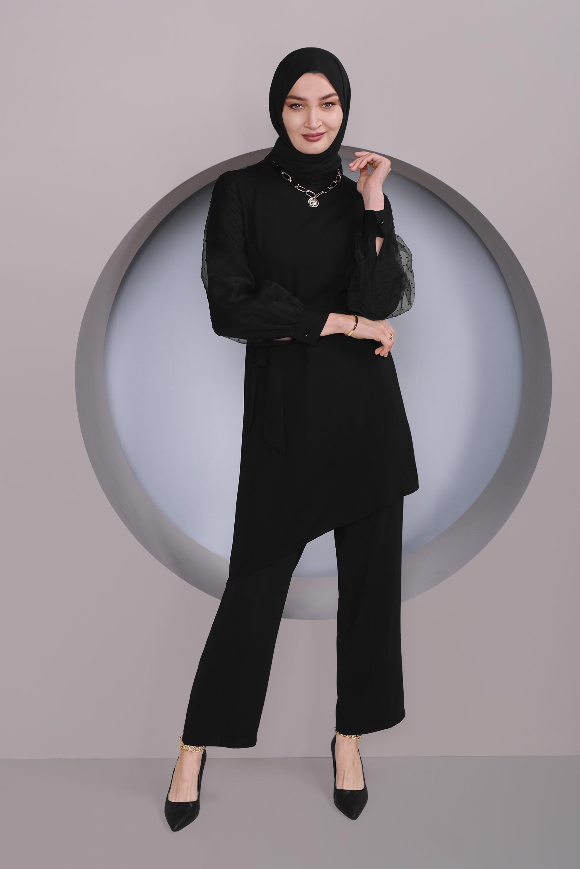 Tesettür giyim SİYAH ASİMETRİK KESİM TÜL DETAYLI İKİLİ PANTOLONLU TAKIM 30130
