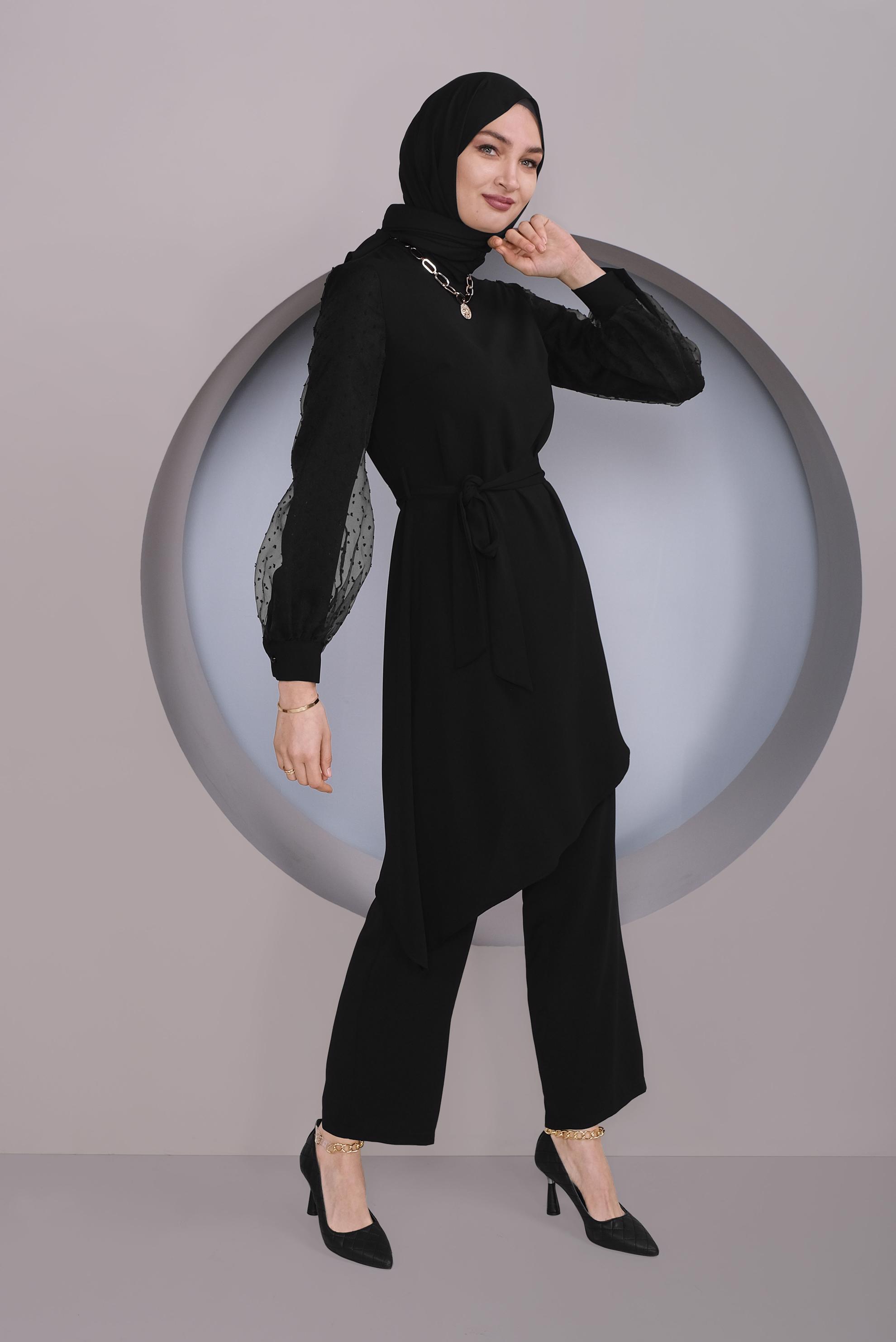 Tesettür giyim SİYAH ASİMETRİK KESİM TÜL DETAYLI İKİLİ PANTOLONLU TAKIM 30130