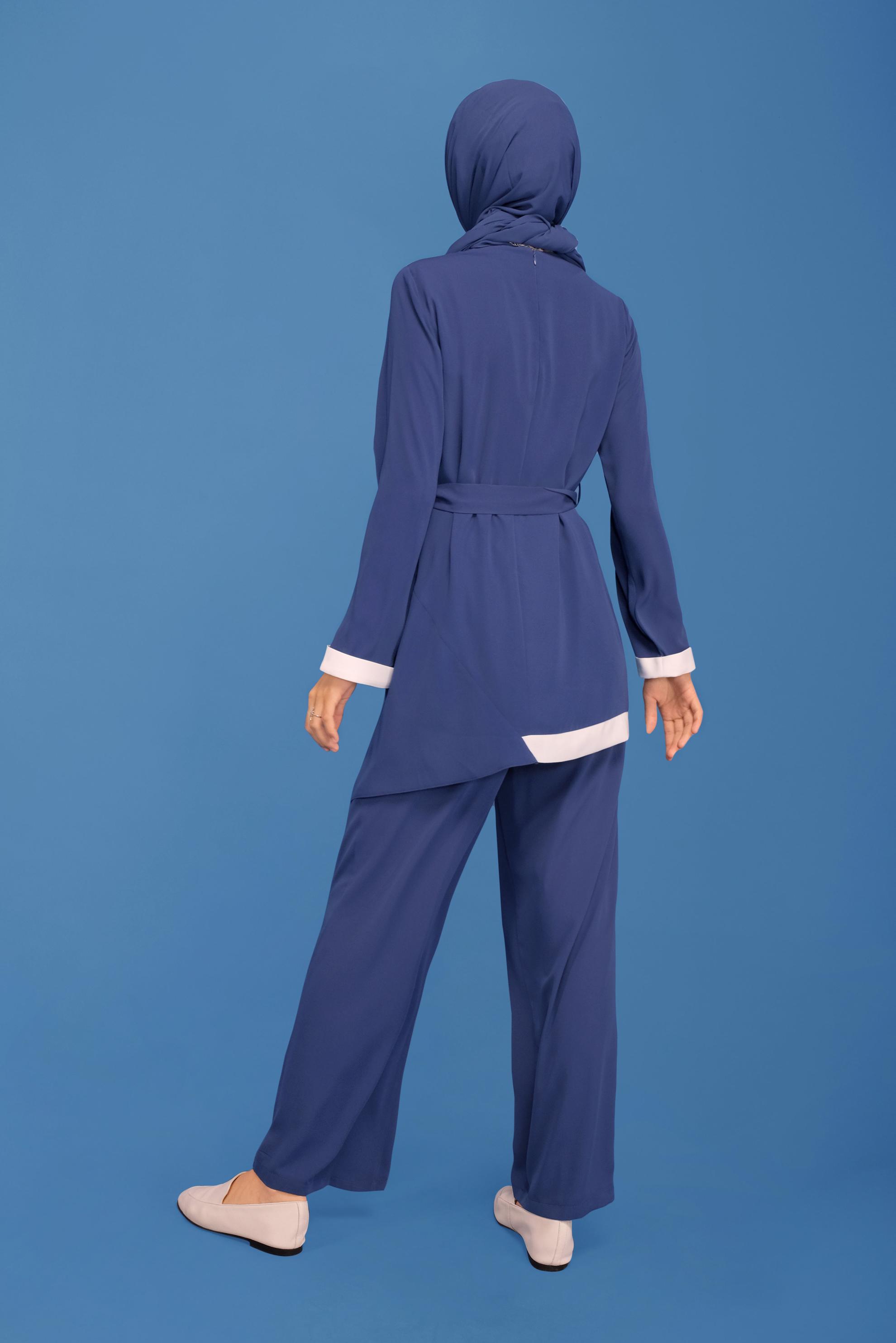 Tesettür giyim LACİVERT BELİ KUŞAKLI ASİMETRİK KESİM PANTOLUNLU TAKIM 30134 