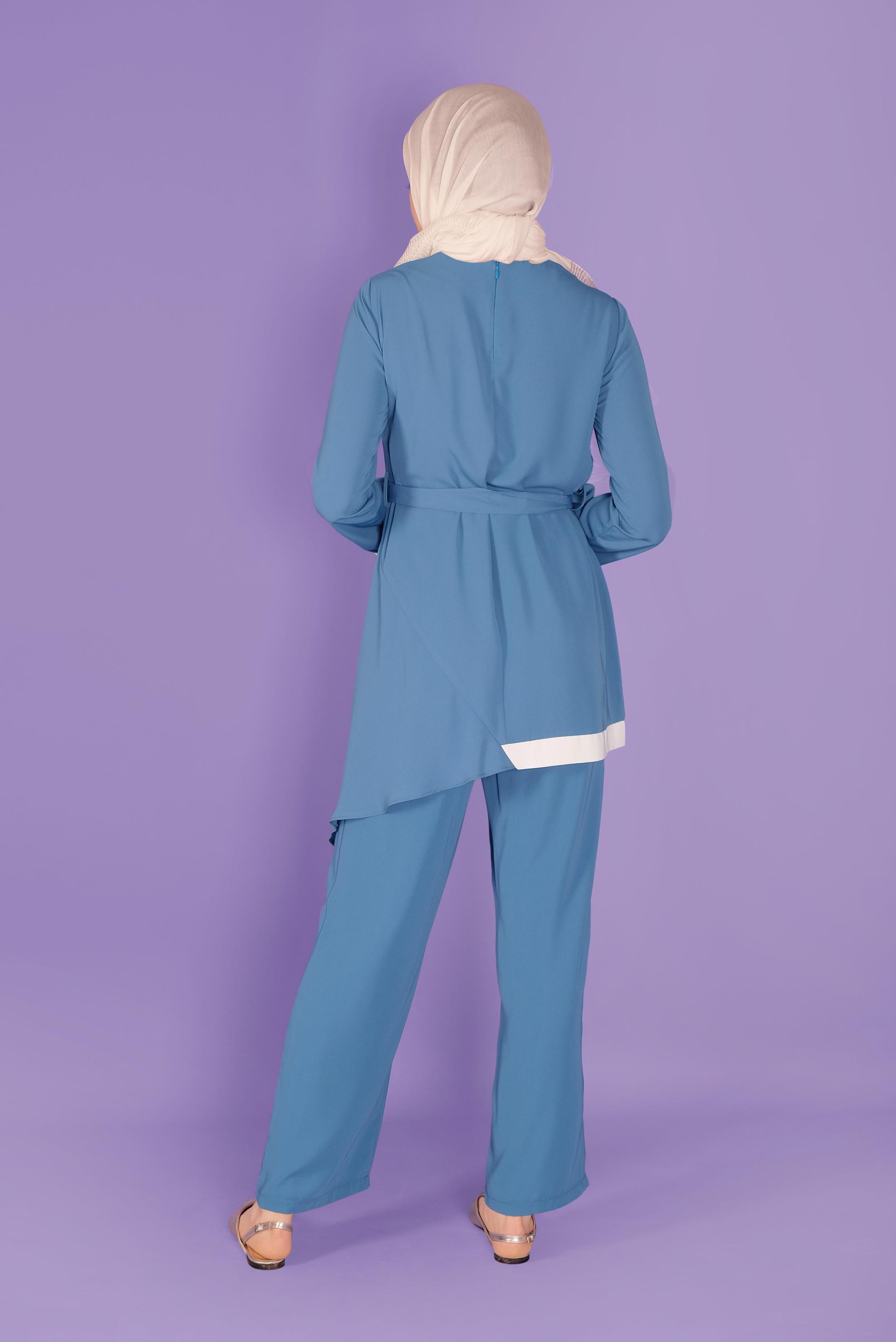 Tesettür giyim MAVİ BELİ KUŞAKLI ASİMETRİK KESİM PANTOLUNLU TAKIM 30134 