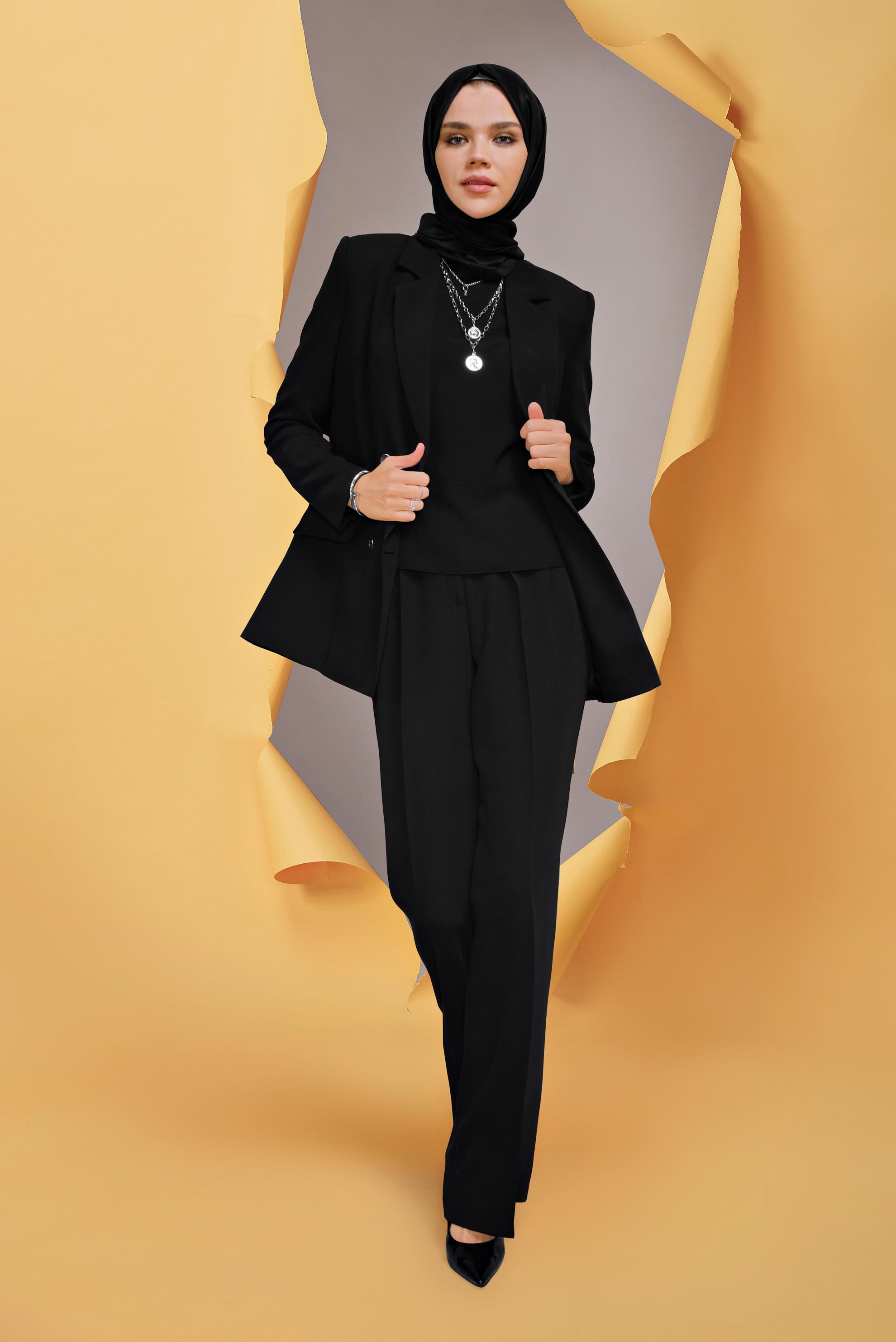 Tesettür giyim SİYAH KRUVAZE YAKA CEKETLİ ÜÇLÜ TAKIM 30135  