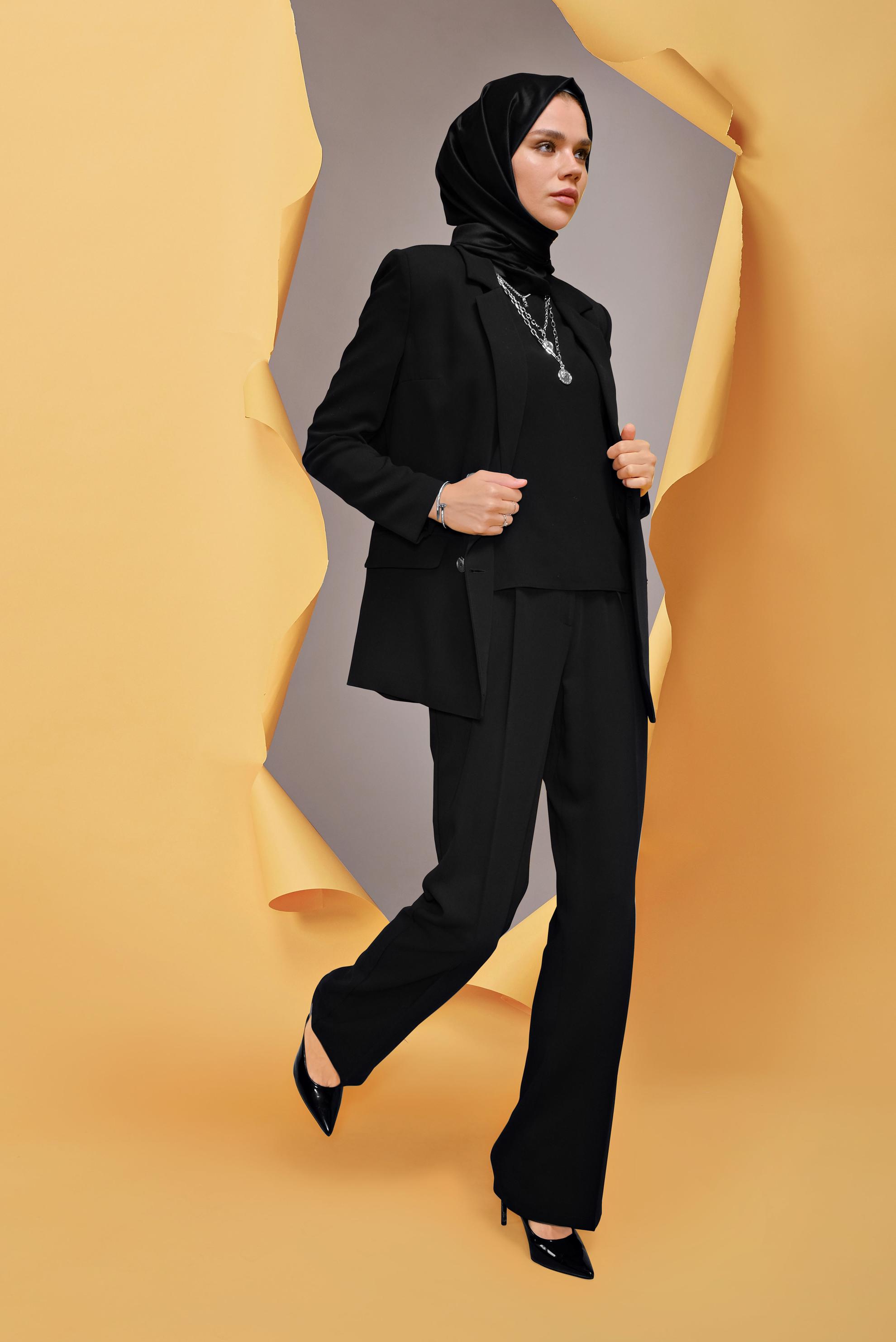 Tesettür giyim SİYAH KRUVAZE YAKA CEKETLİ ÜÇLÜ TAKIM 30135  