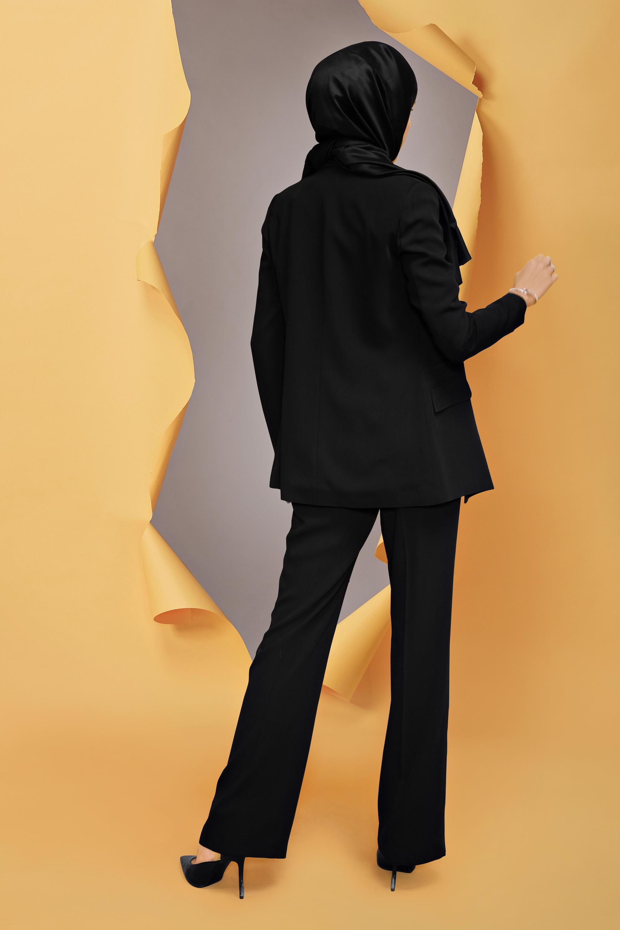 Tesettür giyim SİYAH KRUVAZE YAKA CEKETLİ ÜÇLÜ TAKIM 30135  