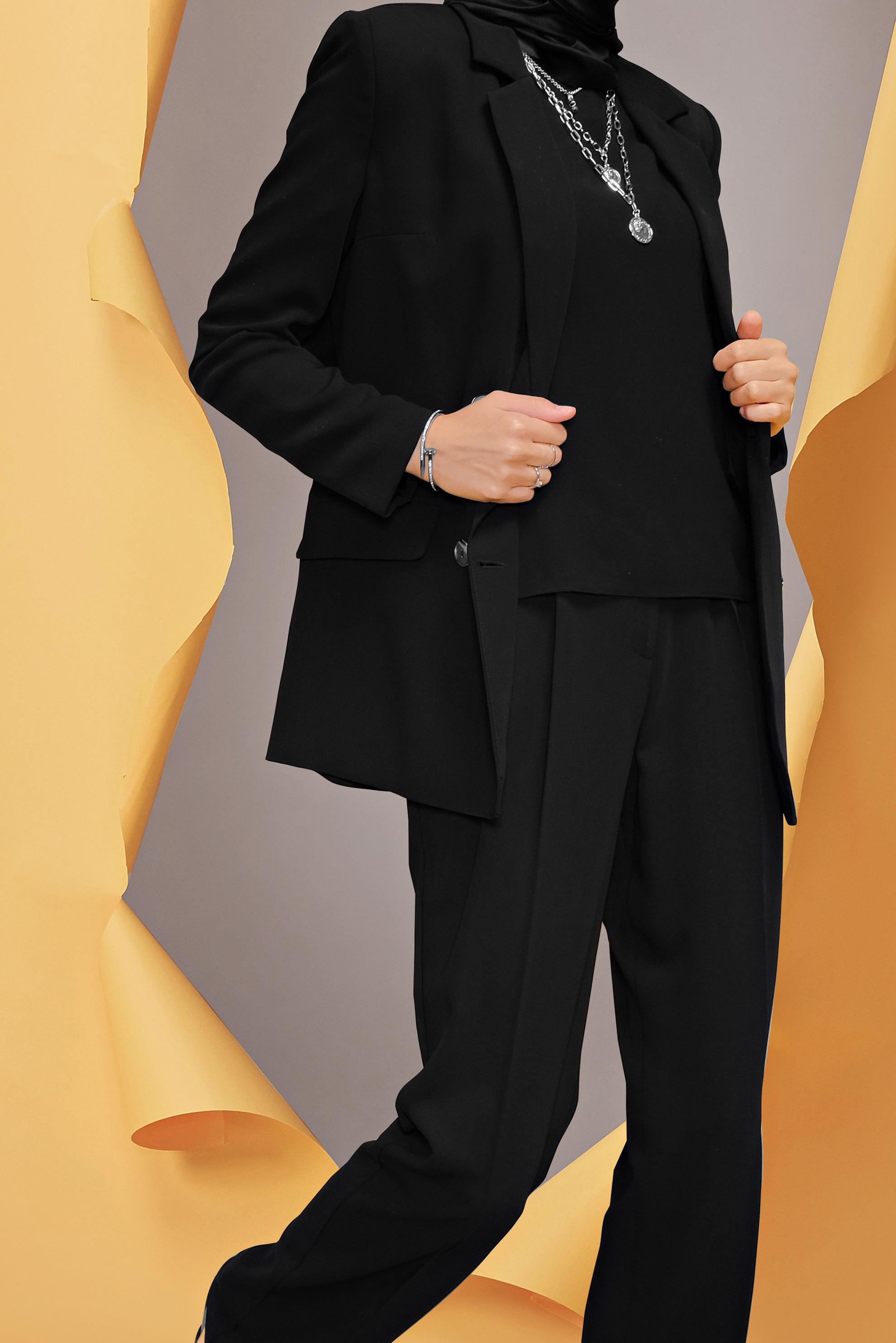 Tesettür giyim SİYAH KRUVAZE YAKA CEKETLİ ÜÇLÜ TAKIM 30135  