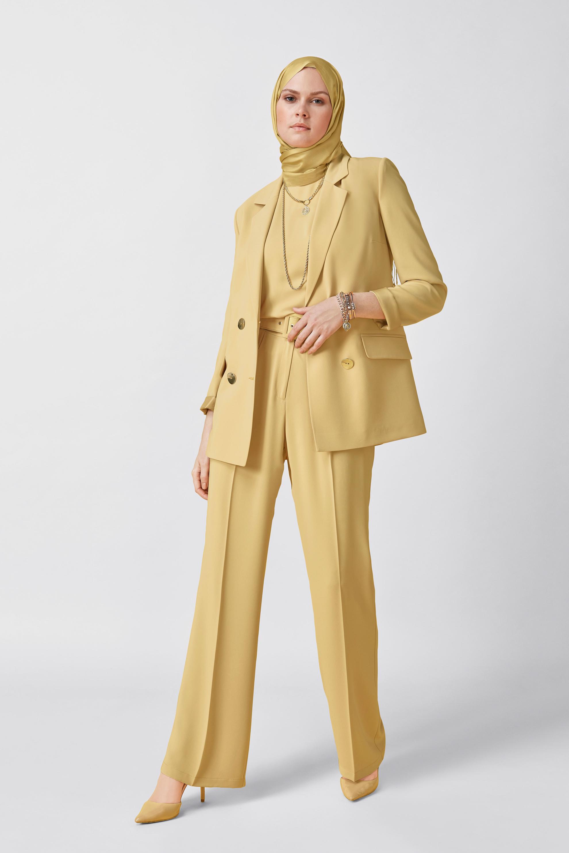 Tesettür giyim SARI KRUVAZE YAKA CEKETLİ ÜÇLÜ TAKIM 30135  