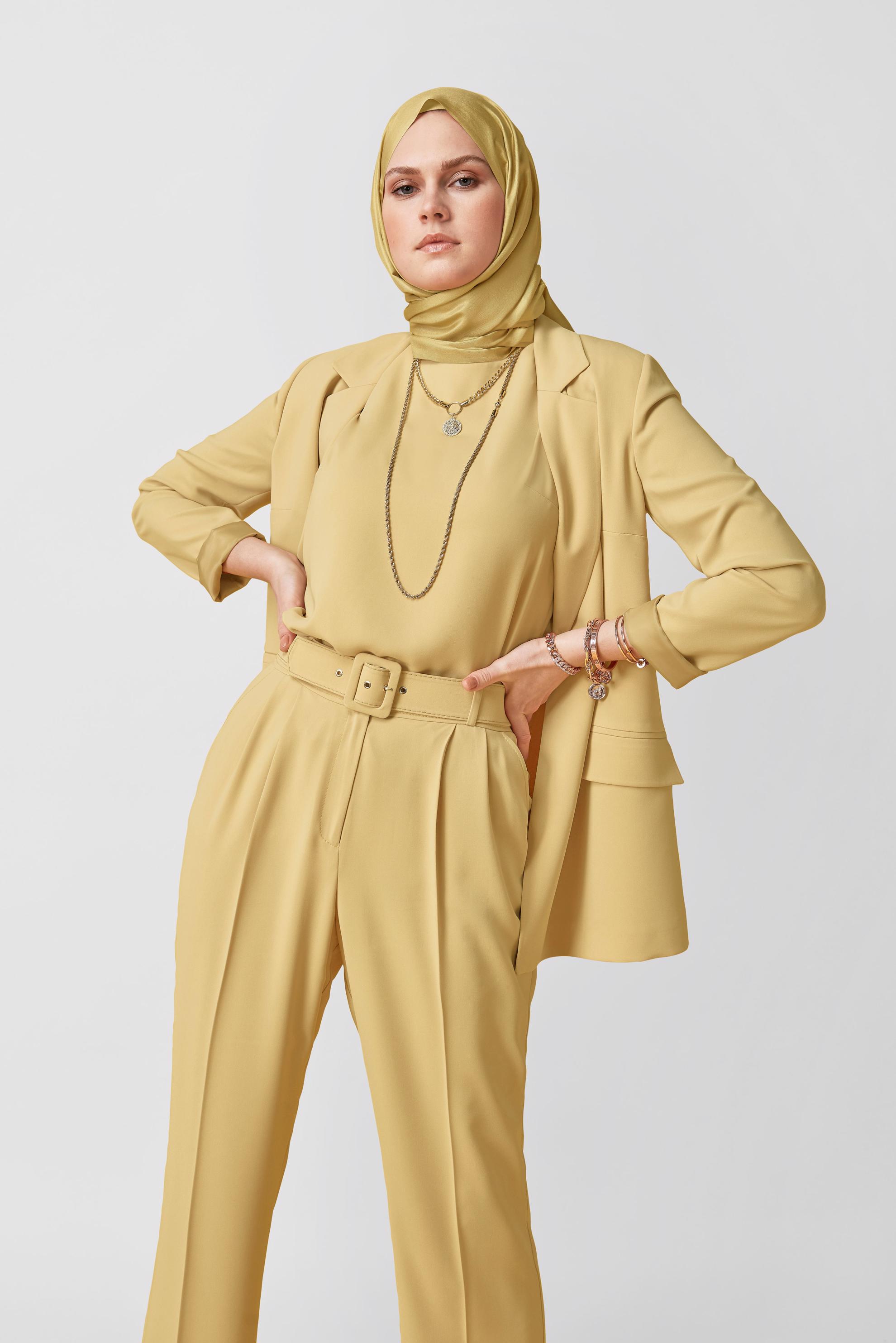 Tesettür giyim SARI KRUVAZE YAKA CEKETLİ ÜÇLÜ TAKIM 30135  