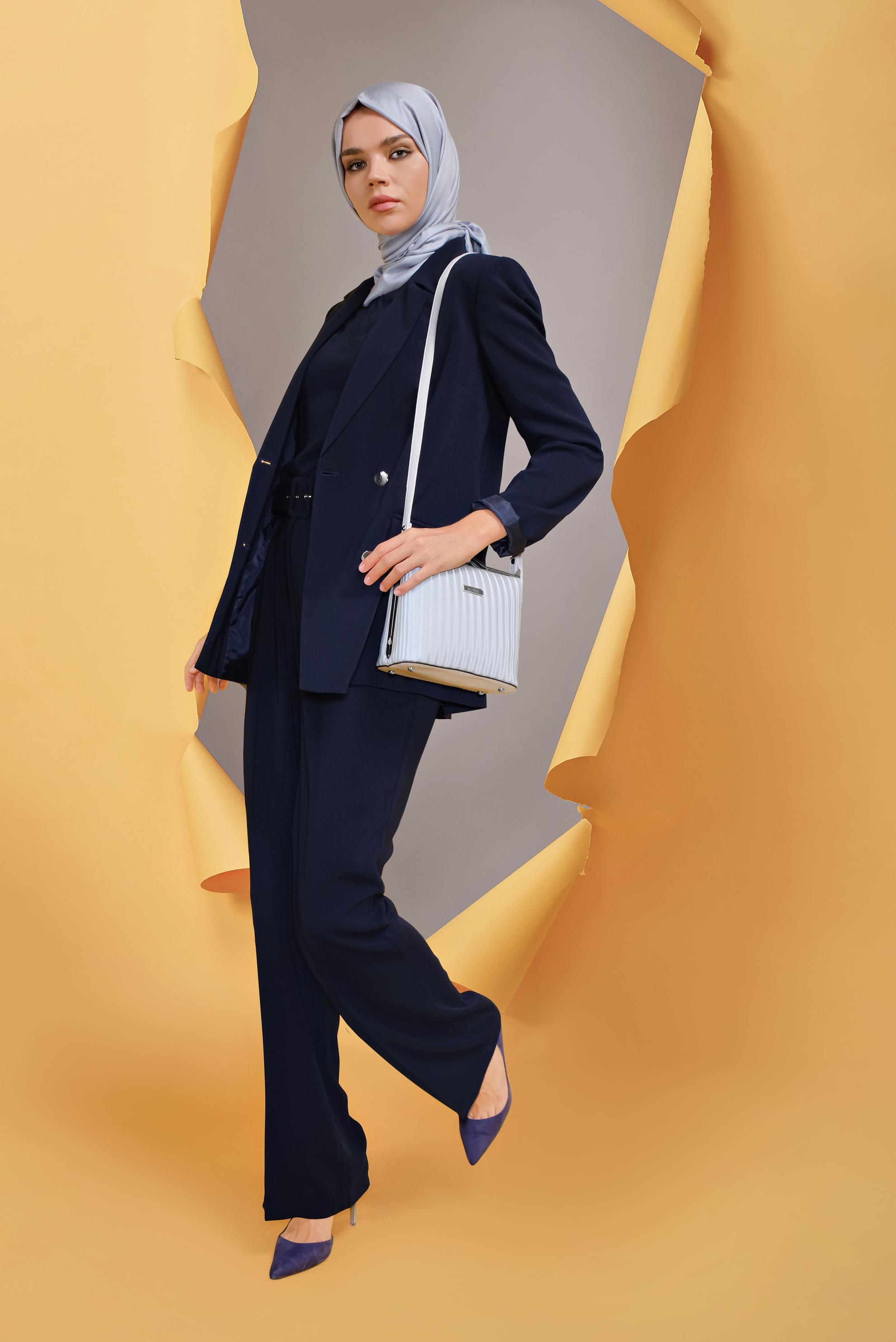 Tesettür giyim LACİVERT KRUVAZE YAKA CEKETLİ ÜÇLÜ TAKIM 30135  