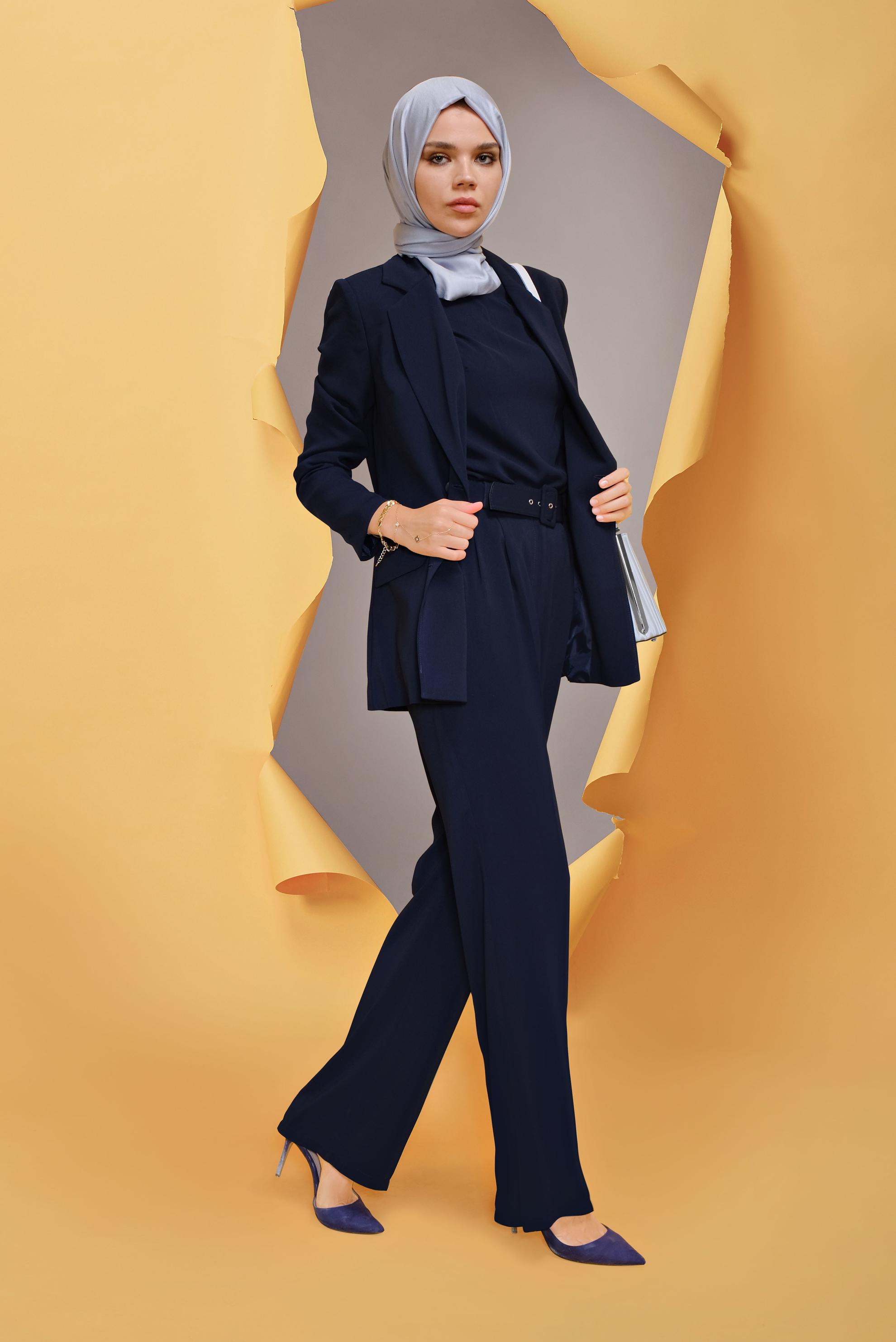 Tesettür giyim LACİVERT KRUVAZE YAKA CEKETLİ ÜÇLÜ TAKIM 30135  