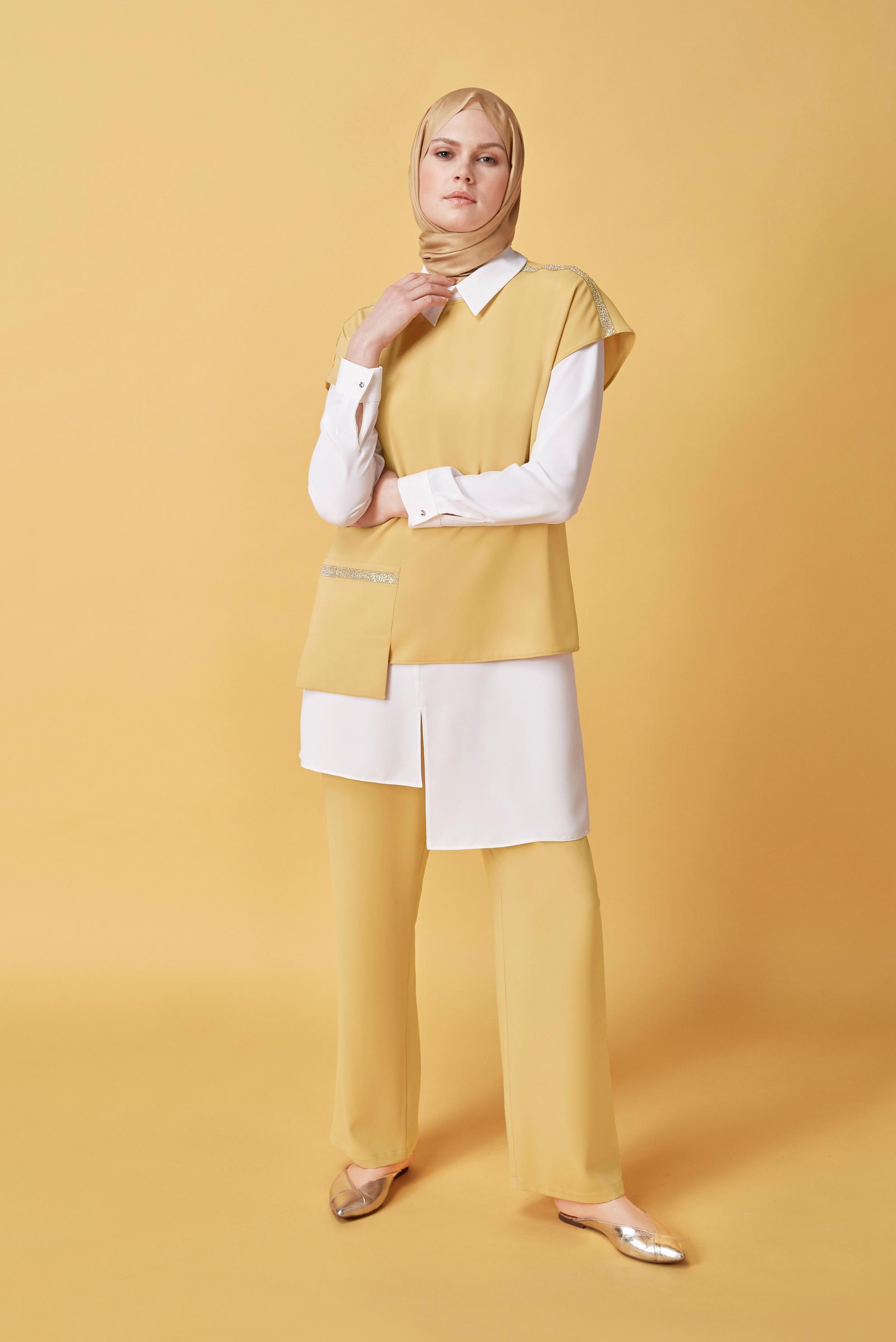 Tesettür giyim SARI ASİMETRİK KESİM ÜÇLÜ PANTOLONLU TAKIM 30137 