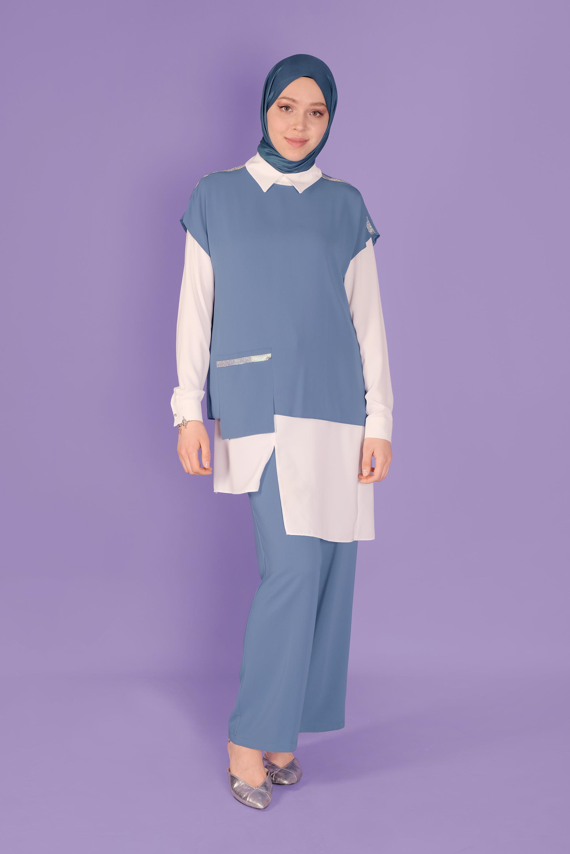 Tesettür giyim MAVİ ASİMETRİK KESİM ÜÇLÜ PANTOLONLU TAKIM 30137 