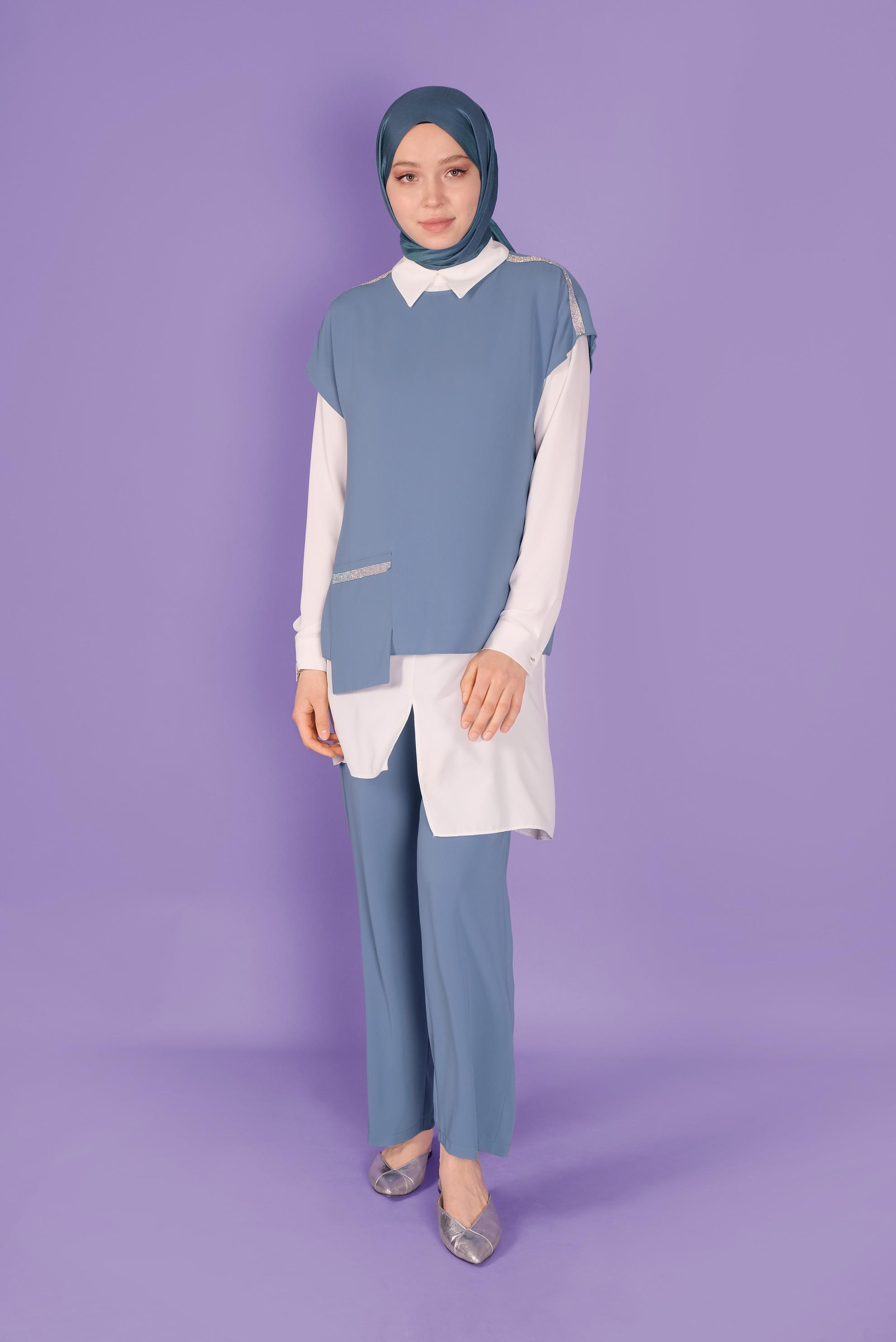 Tesettür giyim MAVİ ASİMETRİK KESİM ÜÇLÜ PANTOLONLU TAKIM 30137 