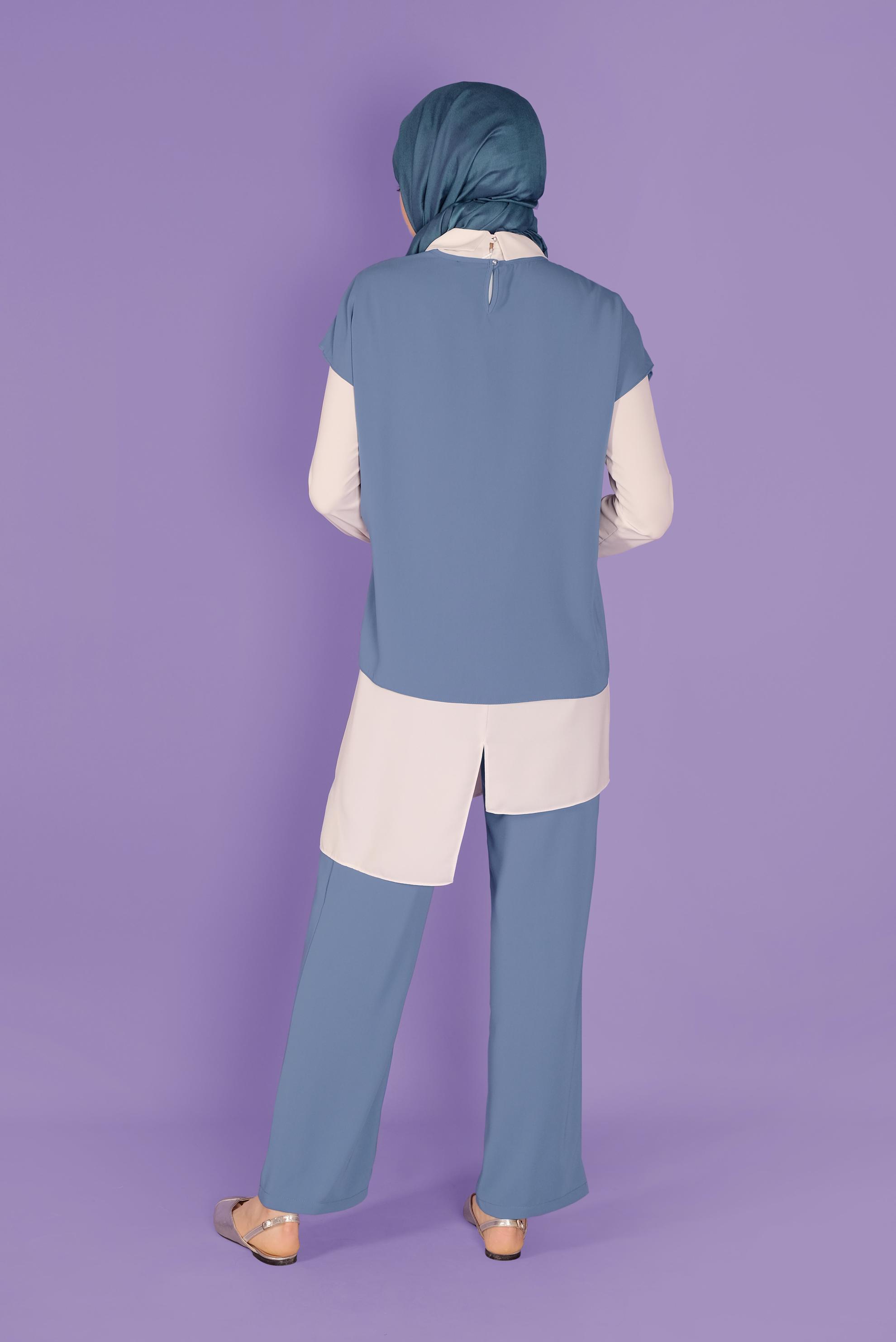 Tesettür giyim MAVİ ASİMETRİK KESİM ÜÇLÜ PANTOLONLU TAKIM 30137 
