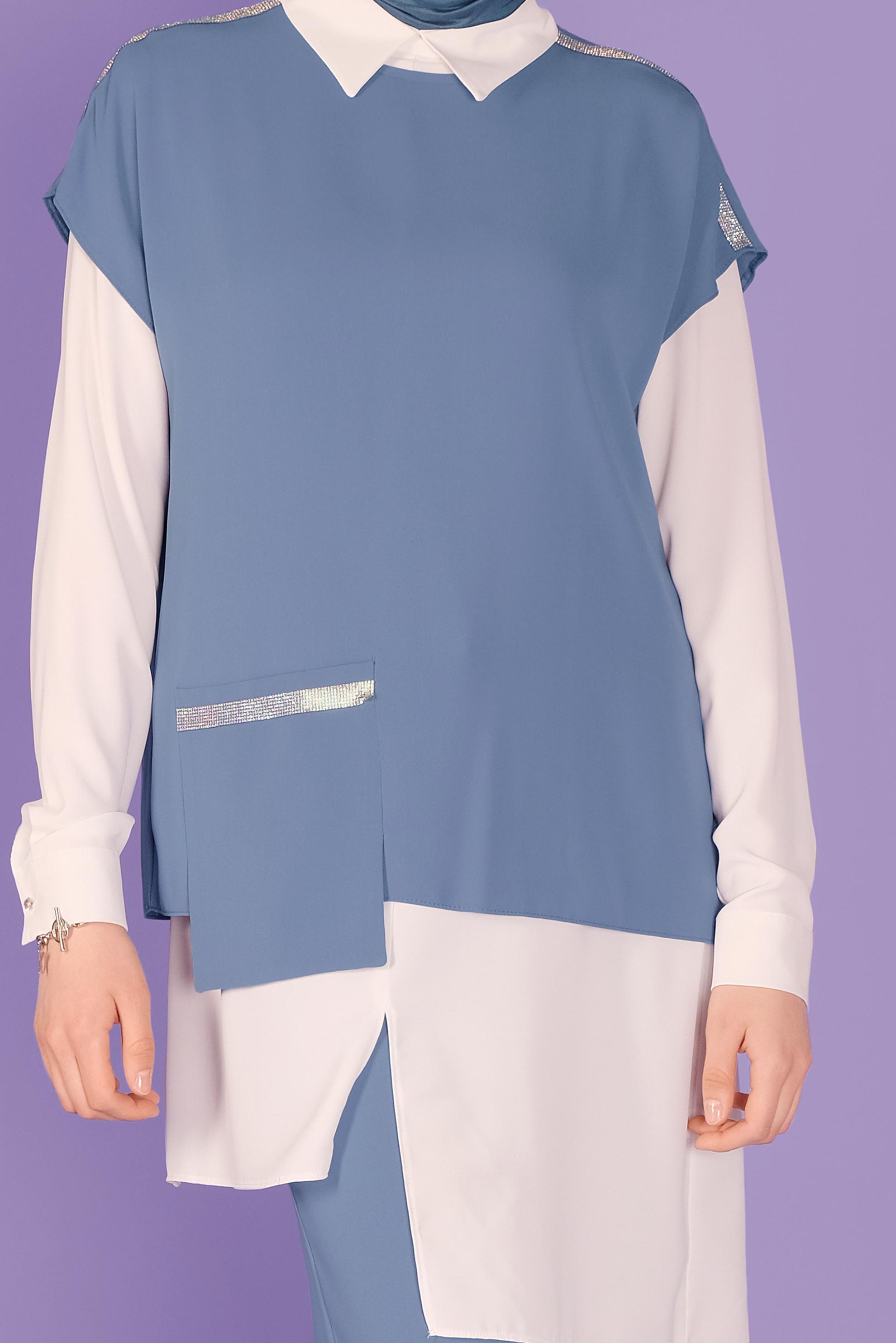 Tesettür giyim MAVİ ASİMETRİK KESİM ÜÇLÜ PANTOLONLU TAKIM 30137 