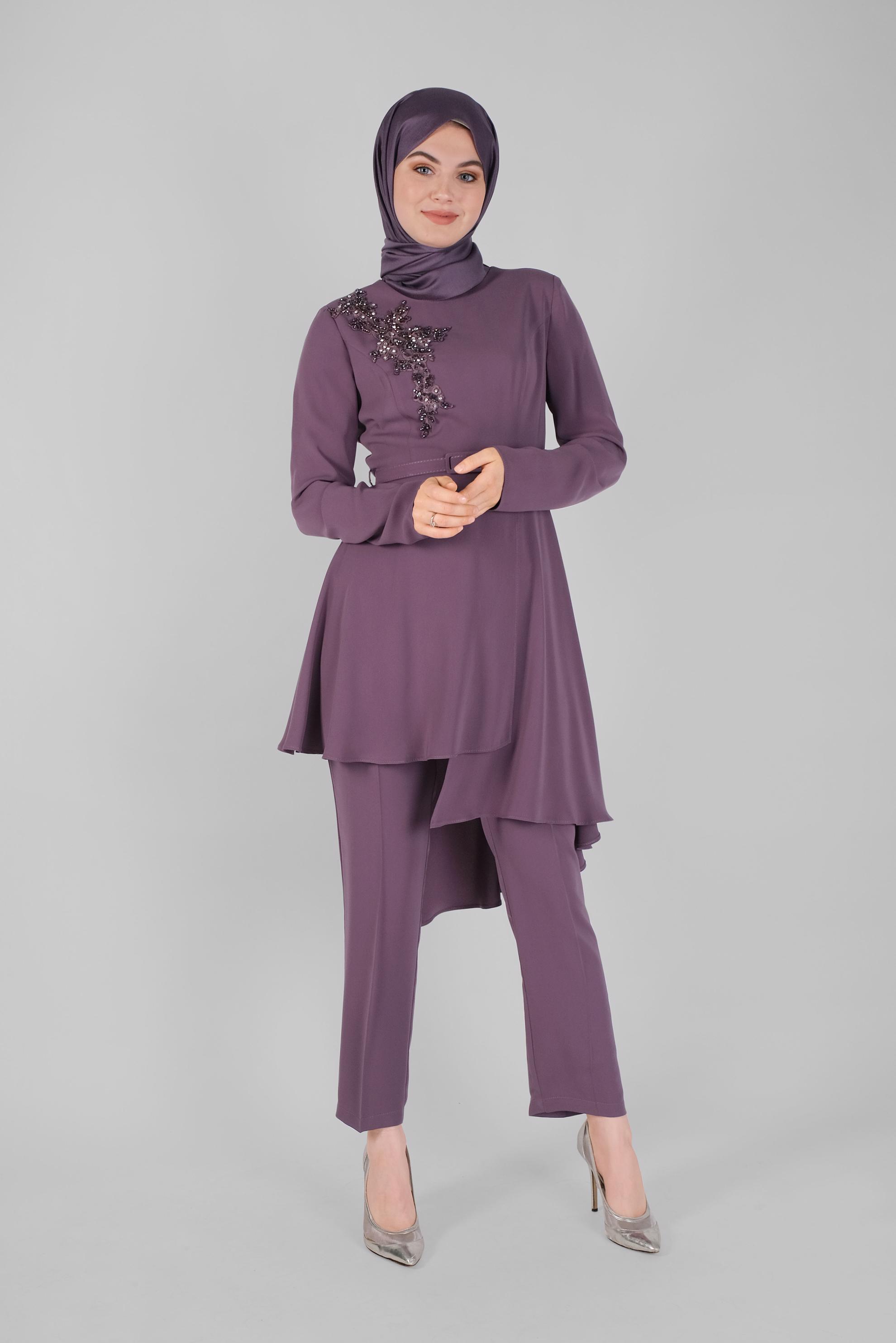 Tesettür giyim MOR ASİMETRİK KESİM PANTOLONLU TAKIM 30138 