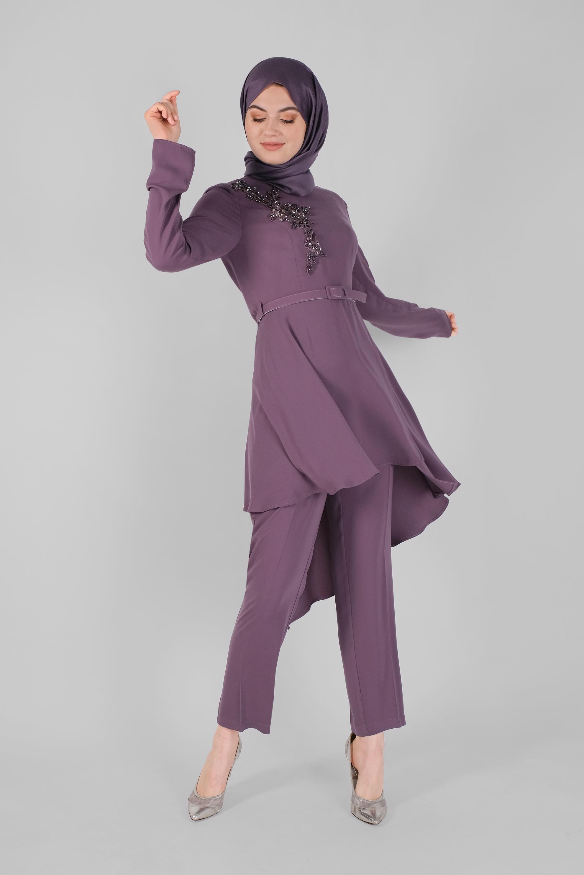 Tesettür giyim MOR ASİMETRİK KESİM PANTOLONLU TAKIM 30138 