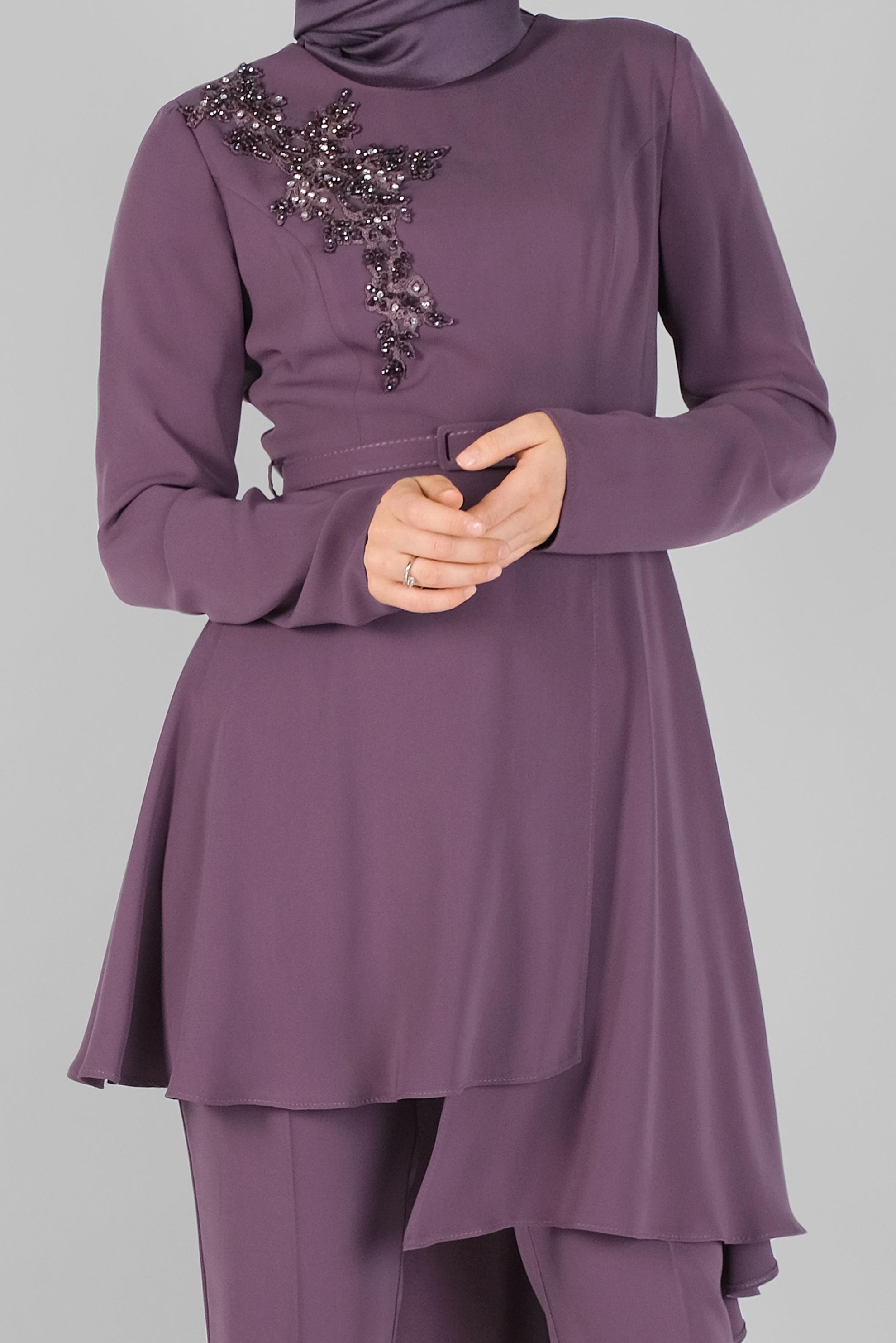 Tesettür giyim MOR ASİMETRİK KESİM PANTOLONLU TAKIM 30138 