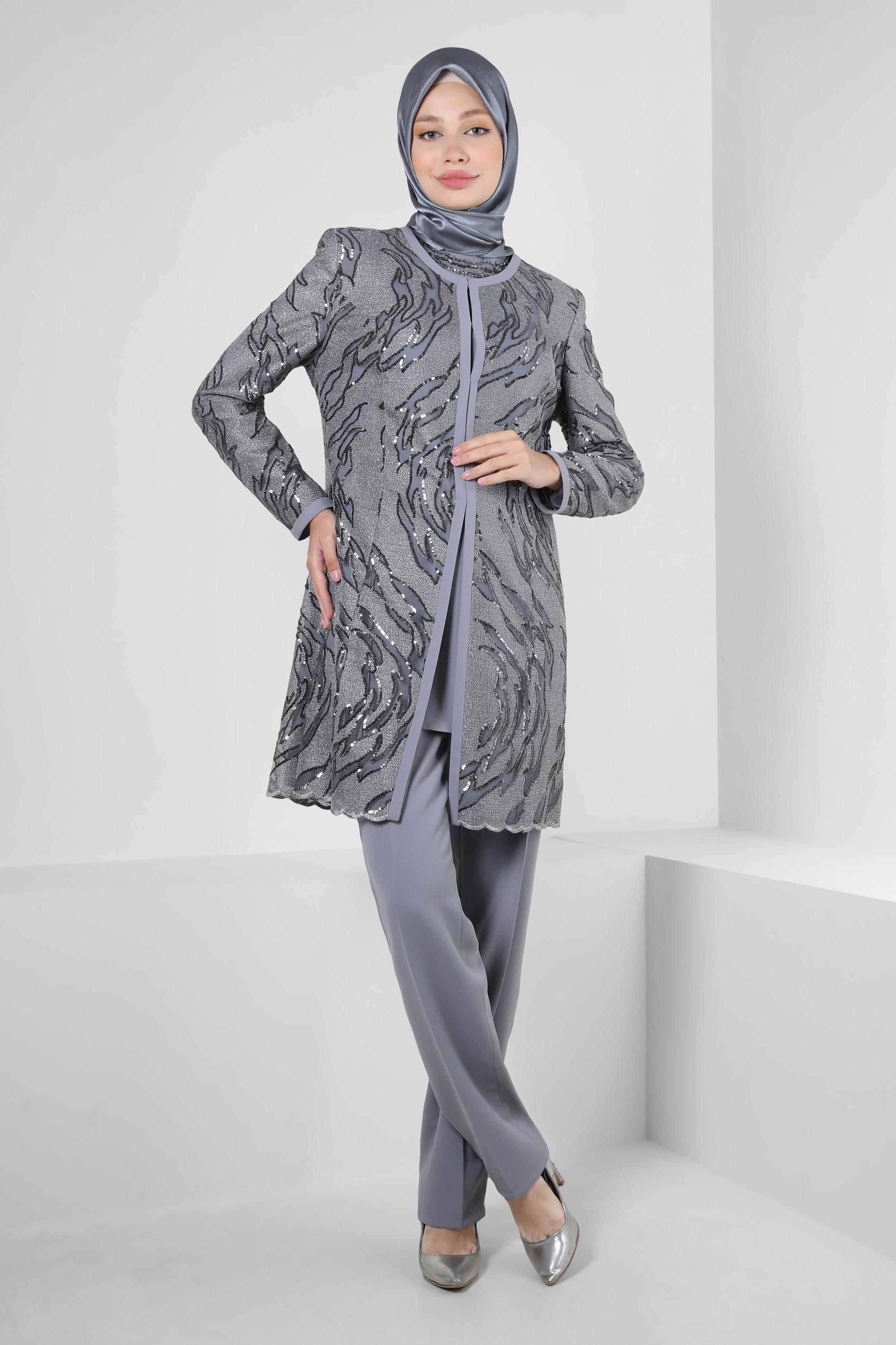 Tesettür giyim GRİ PUL PAYET İŞLEMELİ ÜÇLÜ PANTOLONLI TAKIM 30151