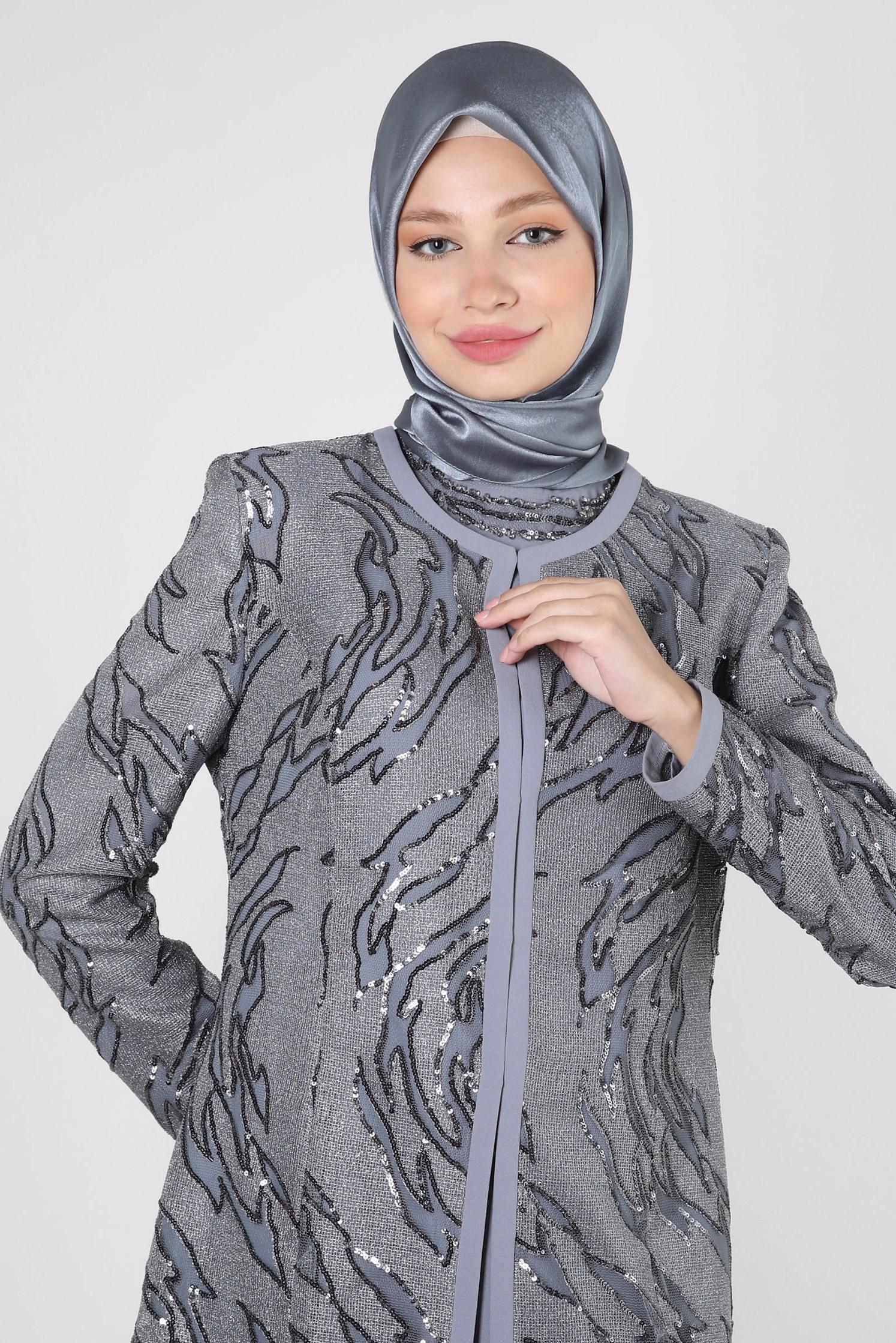 Tesettür giyim GRİ PUL PAYET İŞLEMELİ ÜÇLÜ PANTOLONLI TAKIM 30151