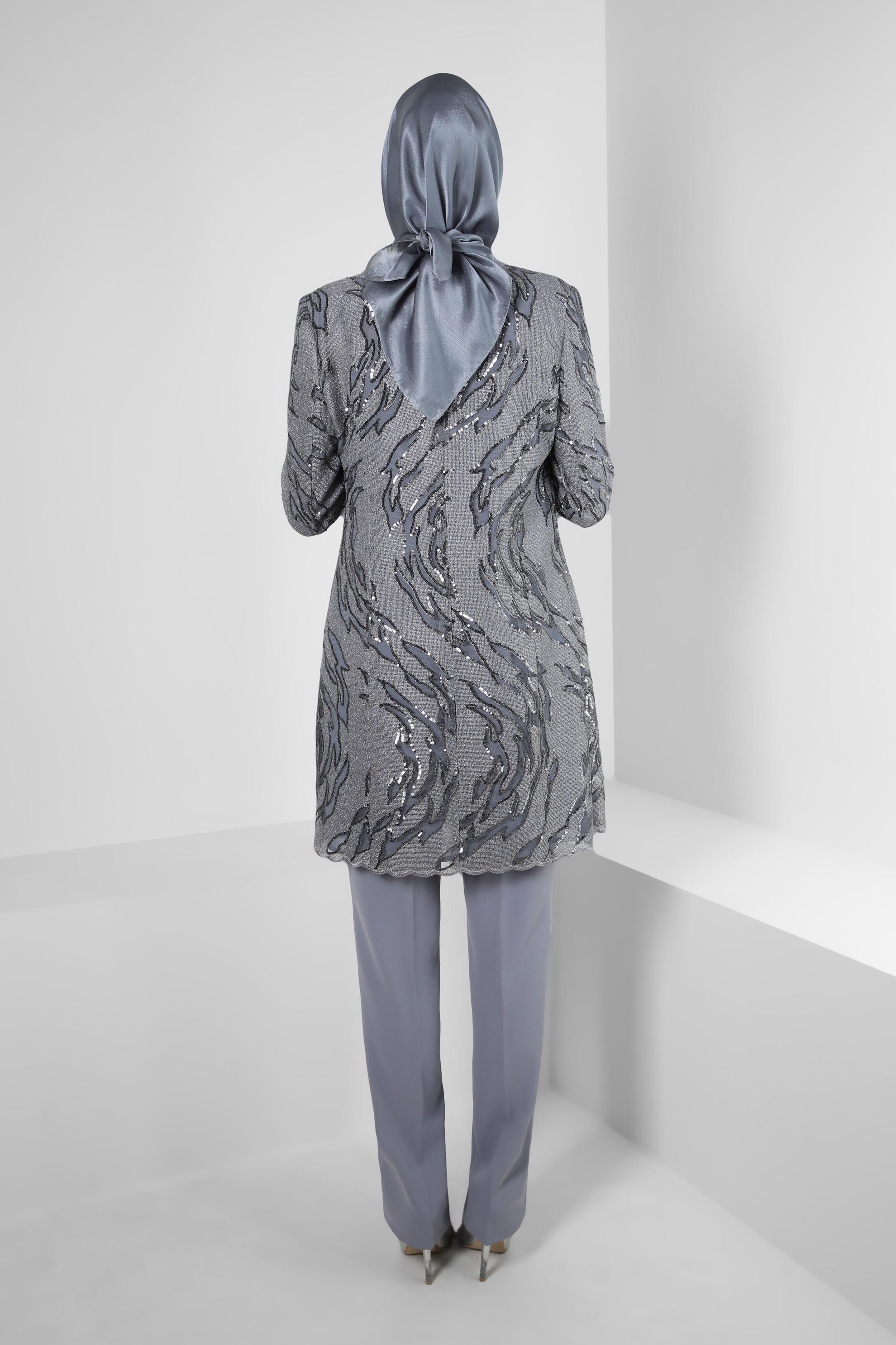 Tesettür giyim GRİ PUL PAYET İŞLEMELİ ÜÇLÜ PANTOLONLI TAKIM 30151