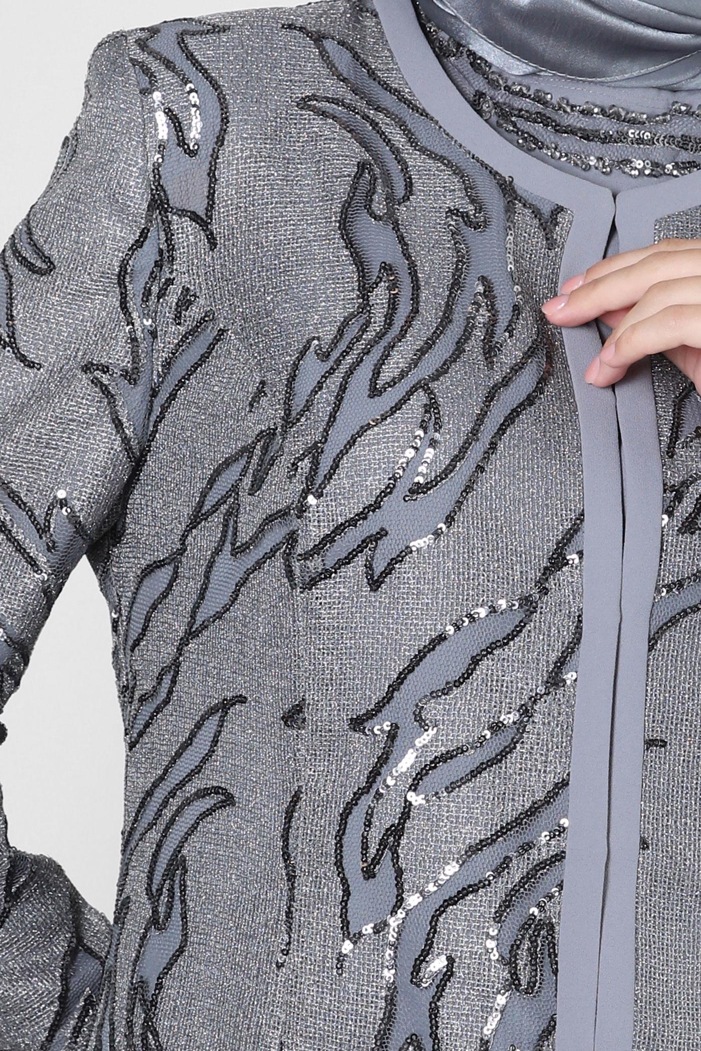 Tesettür giyim GRİ PUL PAYET İŞLEMELİ ÜÇLÜ PANTOLONLI TAKIM 30151