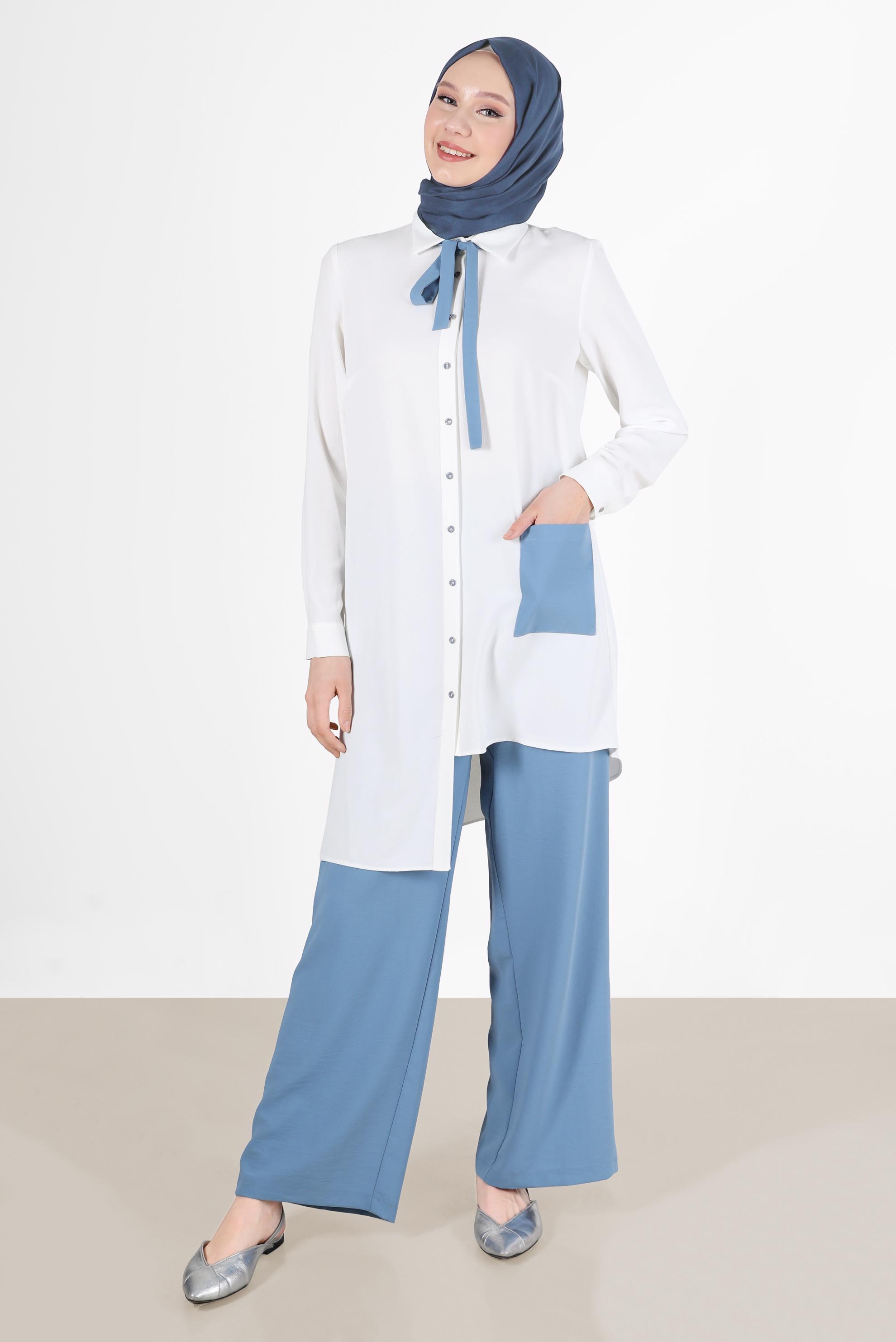 Tesettür giyim BEYAZ ASİMETRİK KESİM PANTOLONLU TAKIM 40789