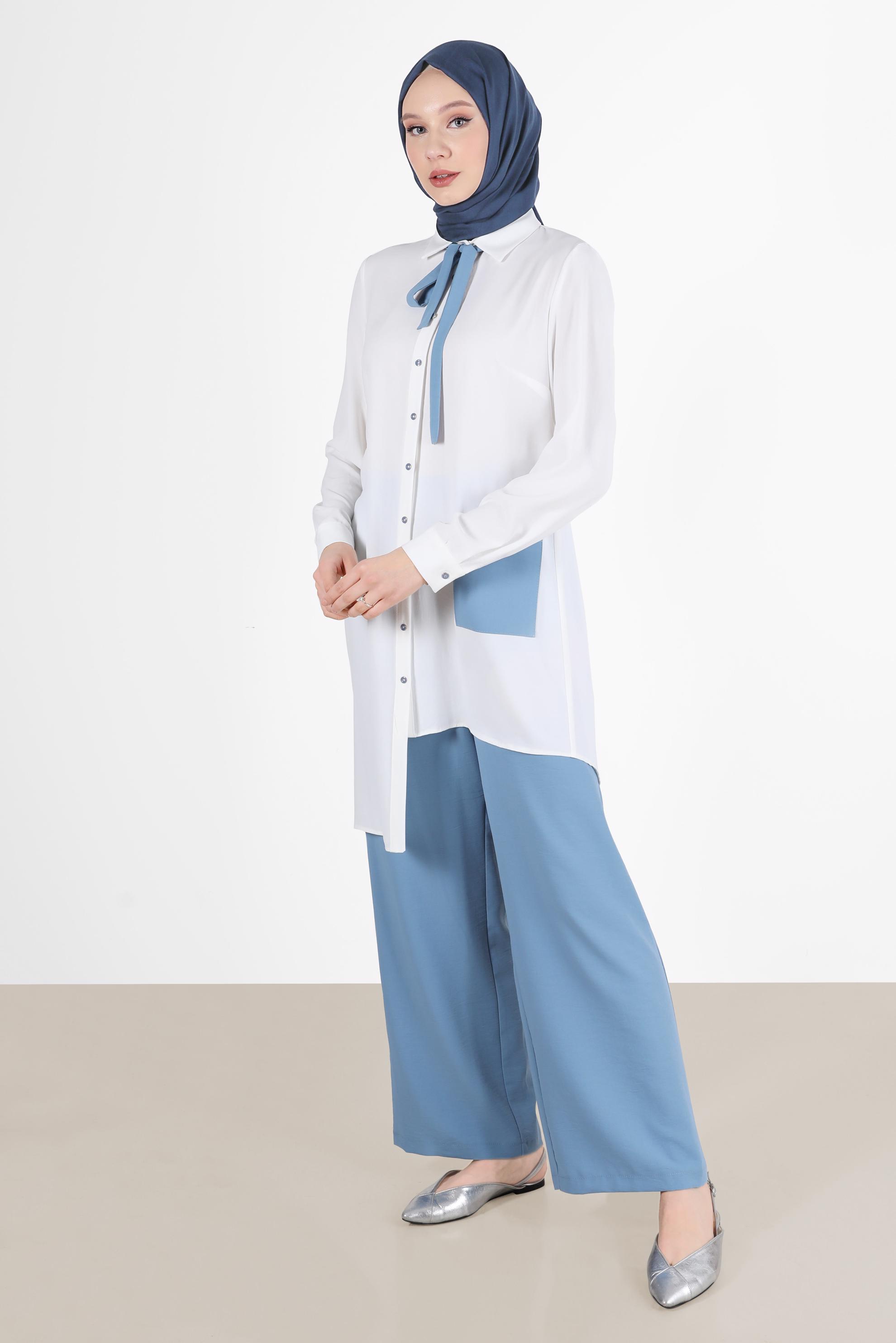 Tesettür giyim BEYAZ ASİMETRİK KESİM PANTOLONLU TAKIM 40789