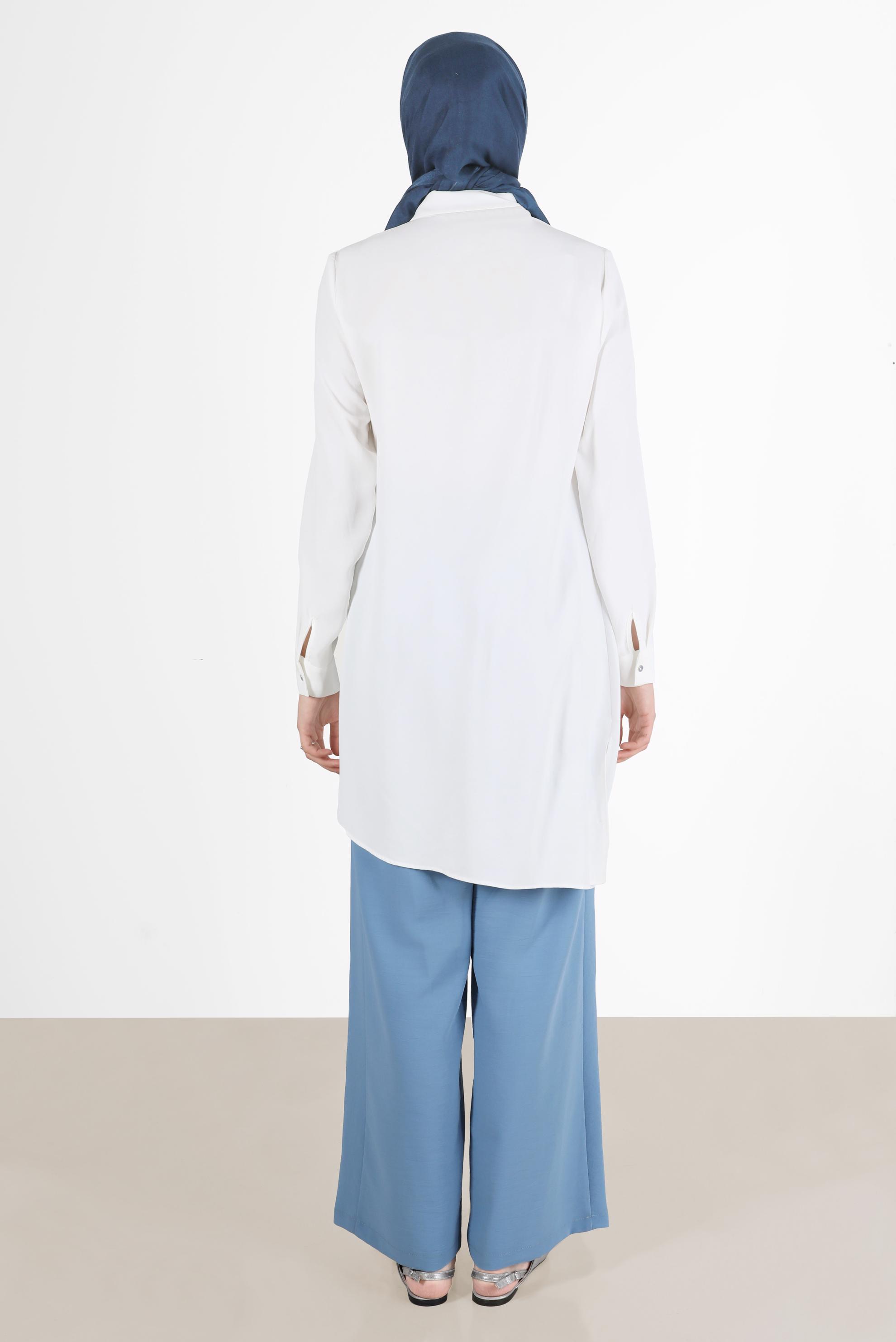 Tesettür giyim BEYAZ ASİMETRİK KESİM PANTOLONLU TAKIM 40789