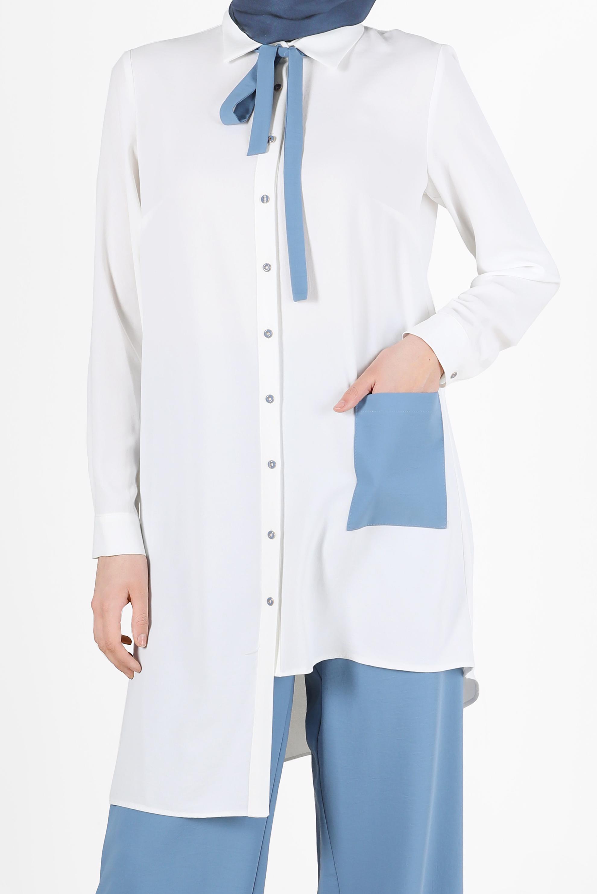 Tesettür giyim BEYAZ ASİMETRİK KESİM PANTOLONLU TAKIM 40789