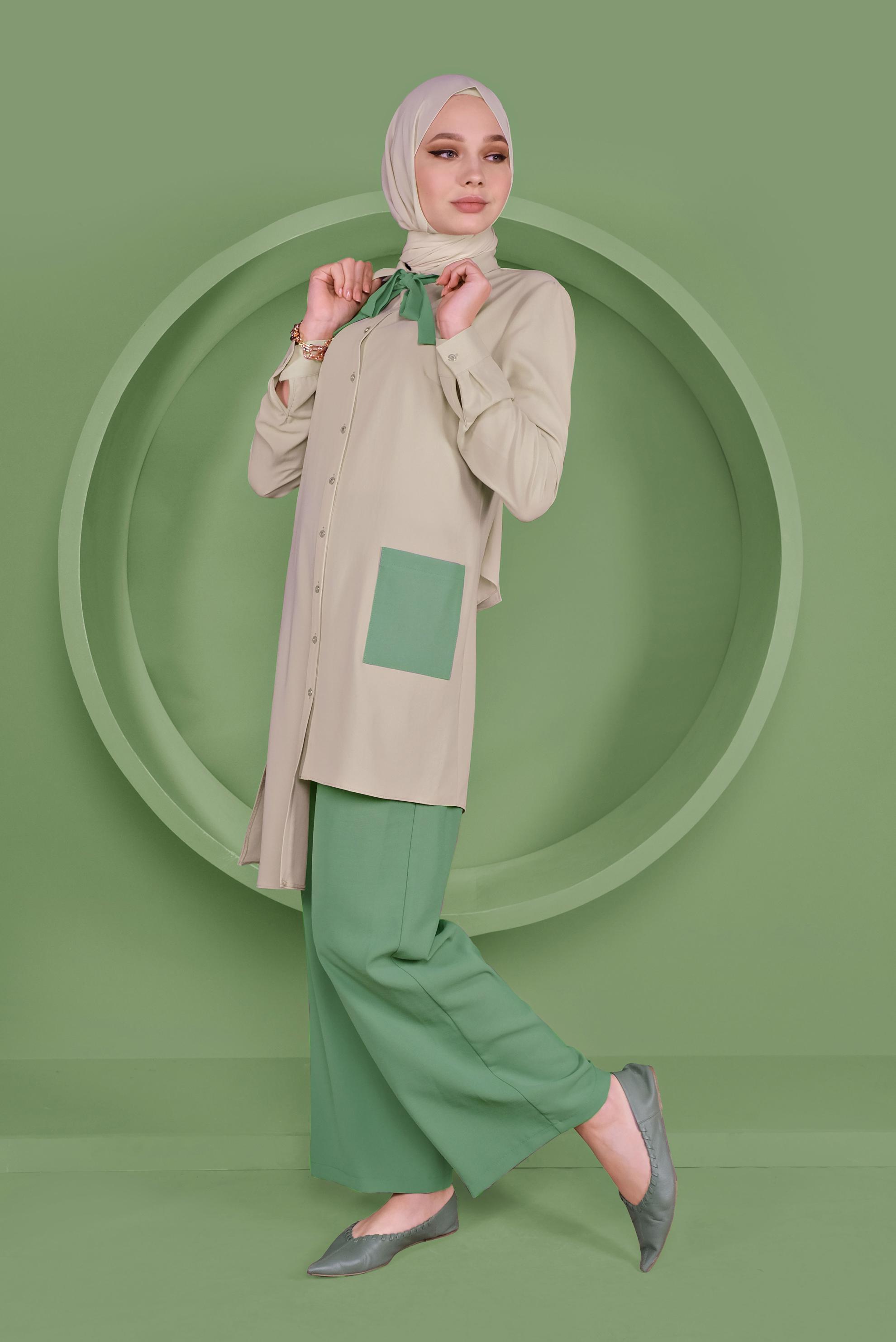 Tesettür giyim BEJ ASİMETRİK KESİM PANTOLONLU TAKIM 40789