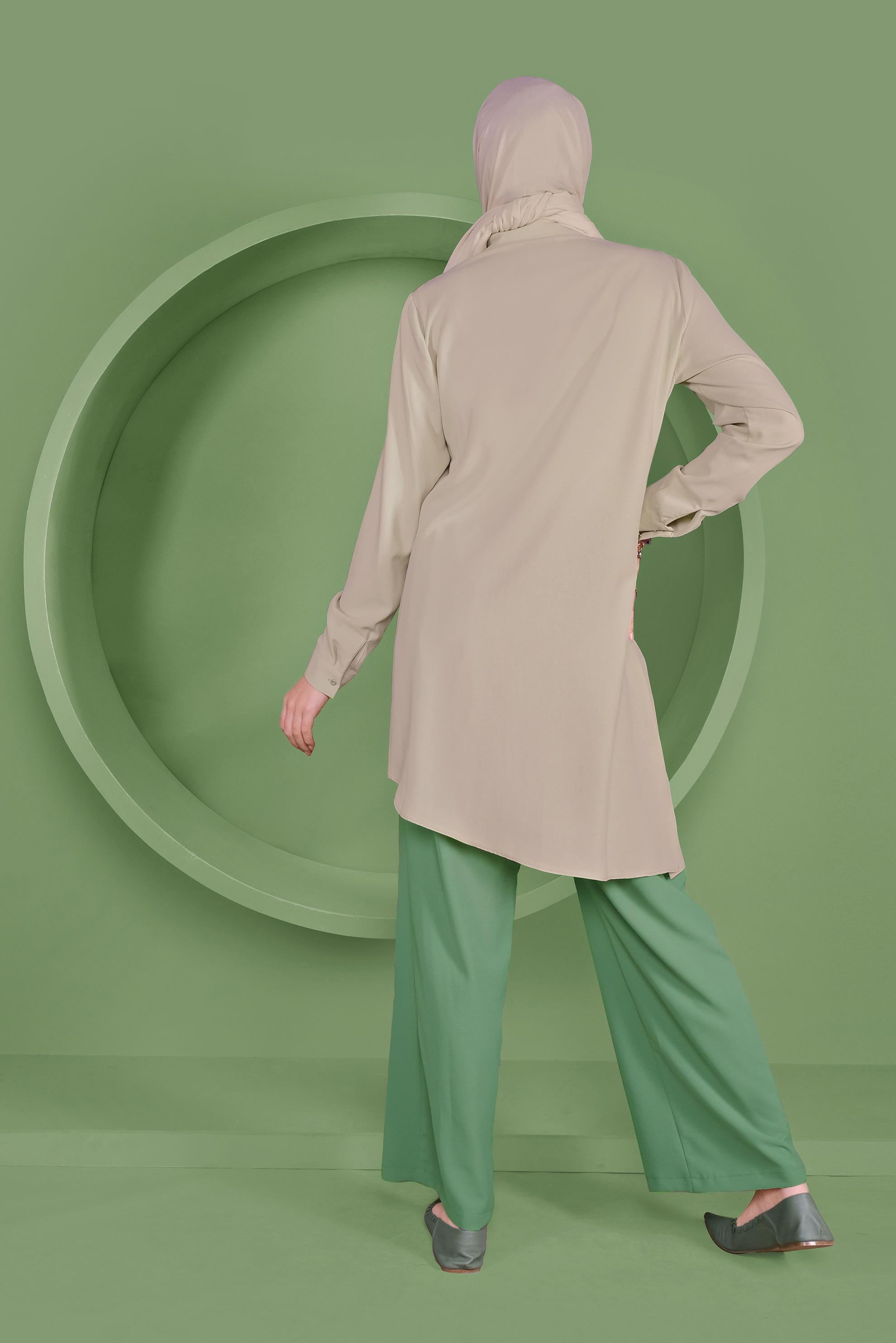 Tesettür giyim BEJ ASİMETRİK KESİM PANTOLONLU TAKIM 40789