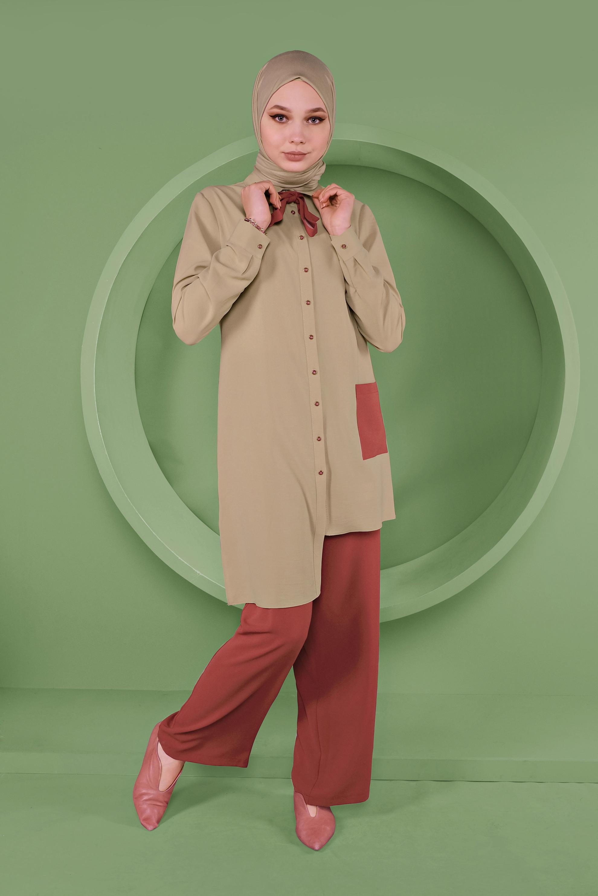 Tesettür giyim BEJ ASİMETRİK KESİM PANTOLONLU TAKIM 40789