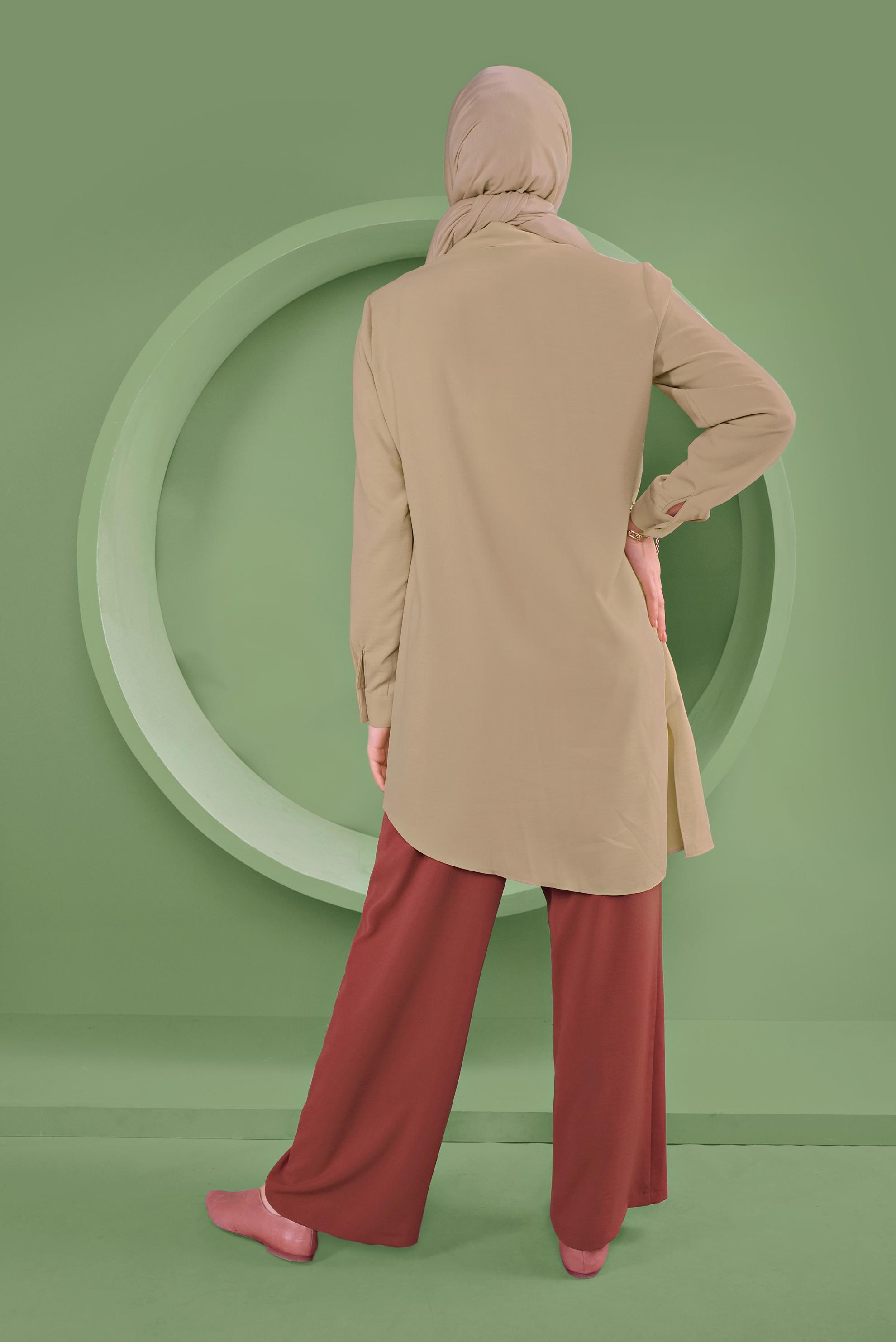 Tesettür giyim BEJ ASİMETRİK KESİM PANTOLONLU TAKIM 40789