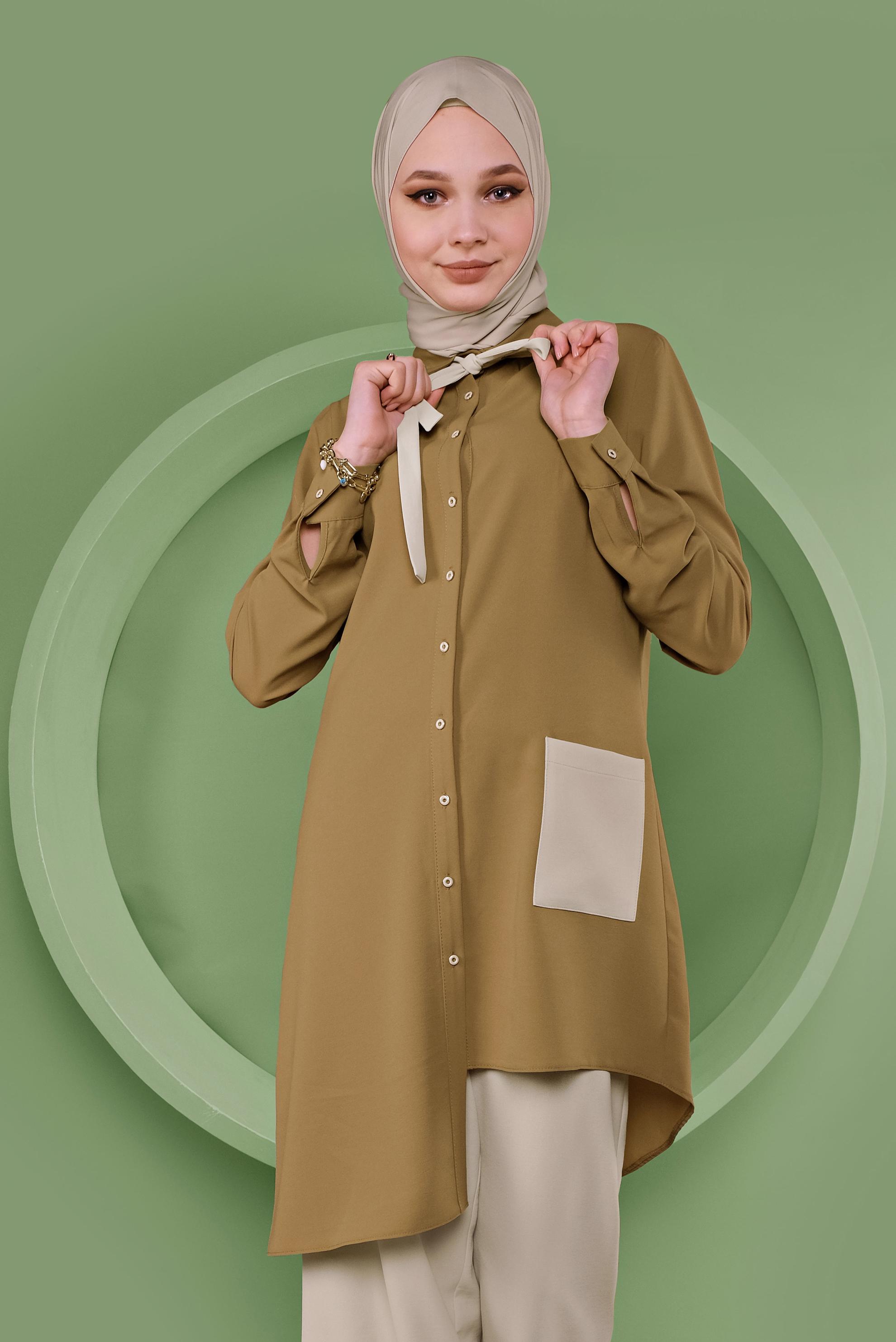 Tesettür giyim SARI ASİMETRİK KESİM PANTOLONLU TAKIM 40789