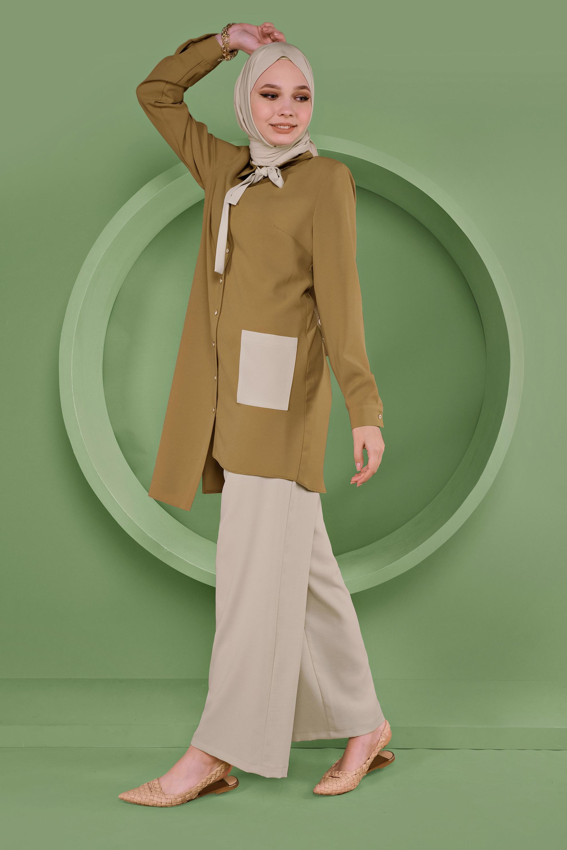 Tesettür giyim SARI ASİMETRİK KESİM PANTOLONLU TAKIM 40789