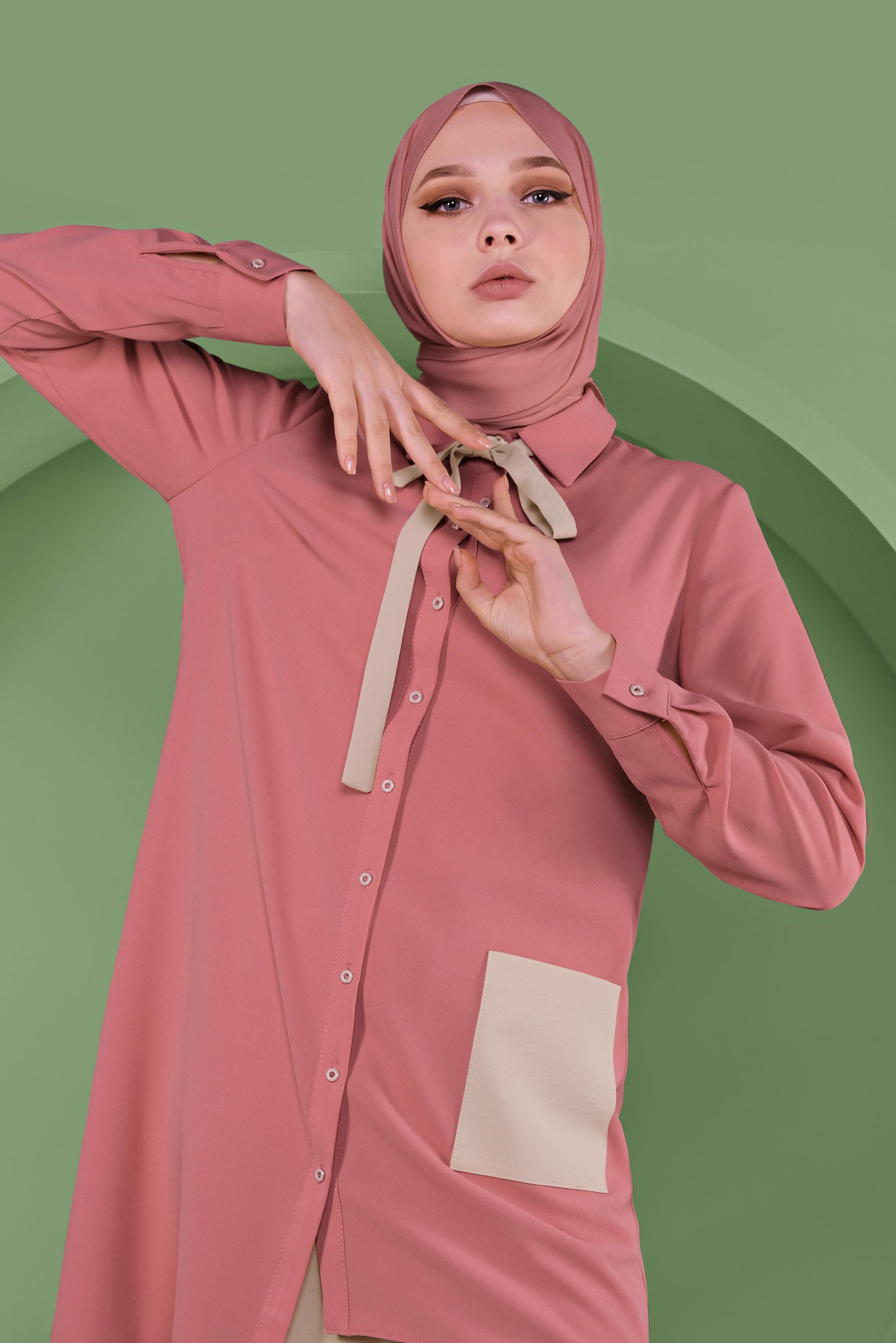 Tesettür giyim PEMBE ASİMETRİK KESİM PANTOLONLU TAKIM 40789