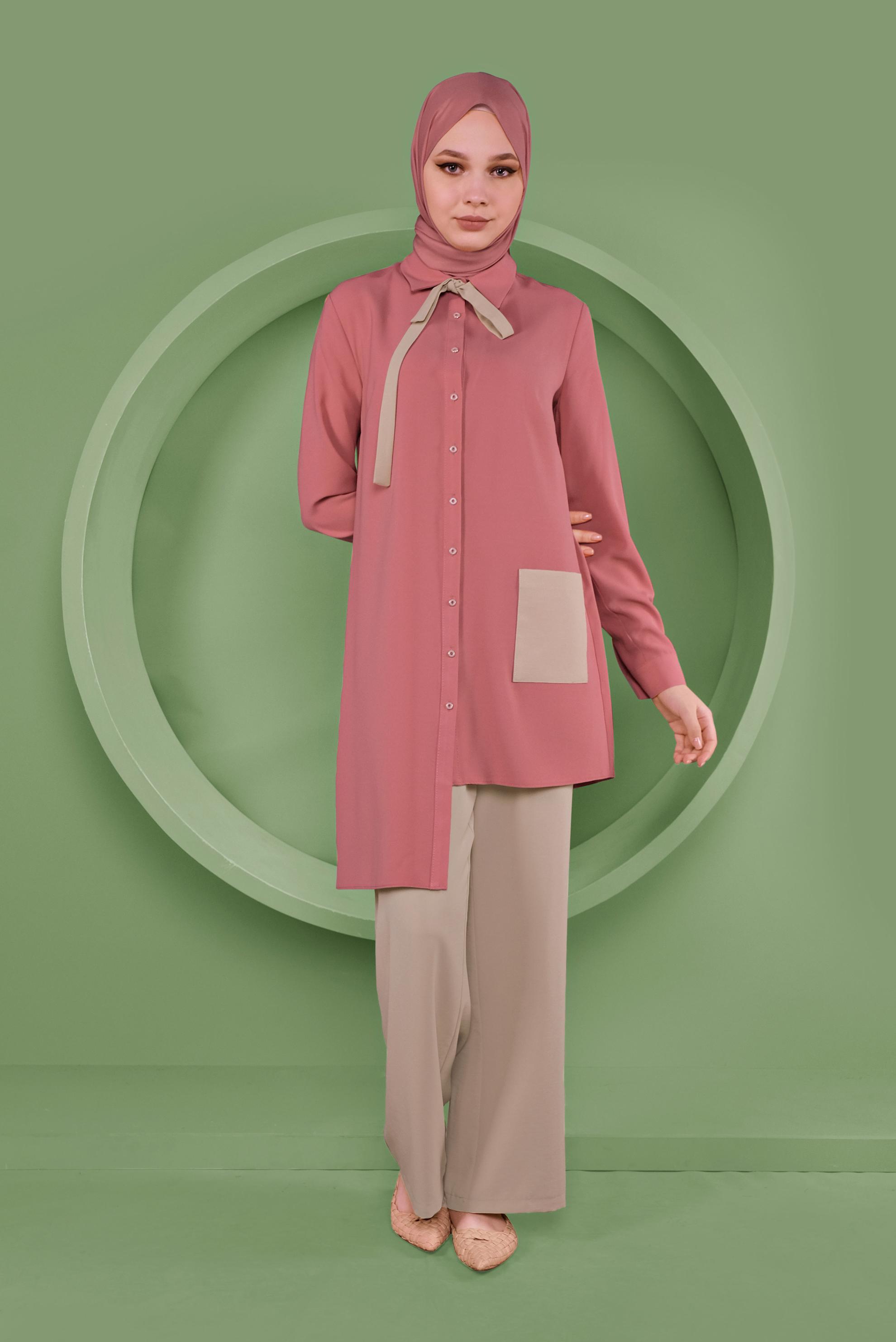 Tesettür giyim PEMBE ASİMETRİK KESİM PANTOLONLU TAKIM 40789