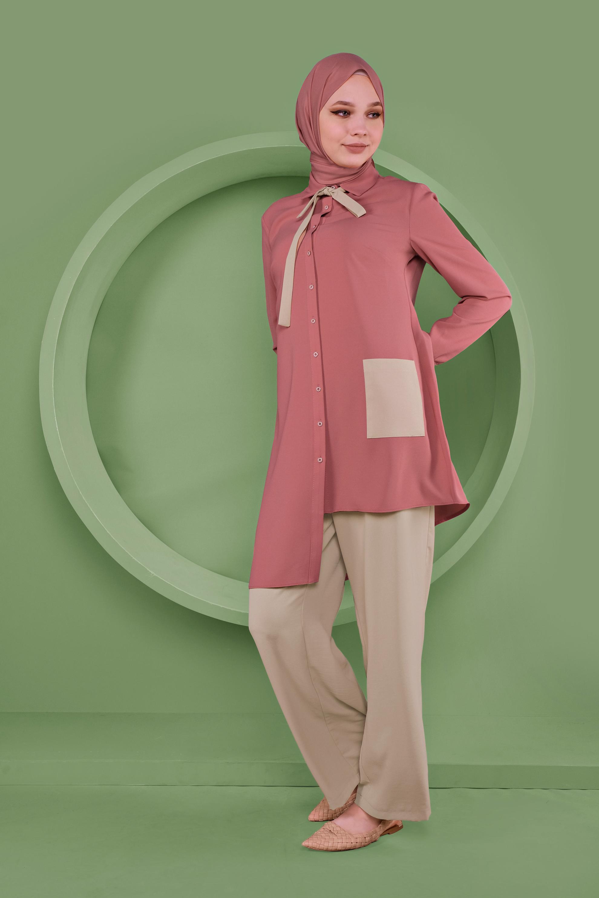 Tesettür giyim PEMBE ASİMETRİK KESİM PANTOLONLU TAKIM 40789