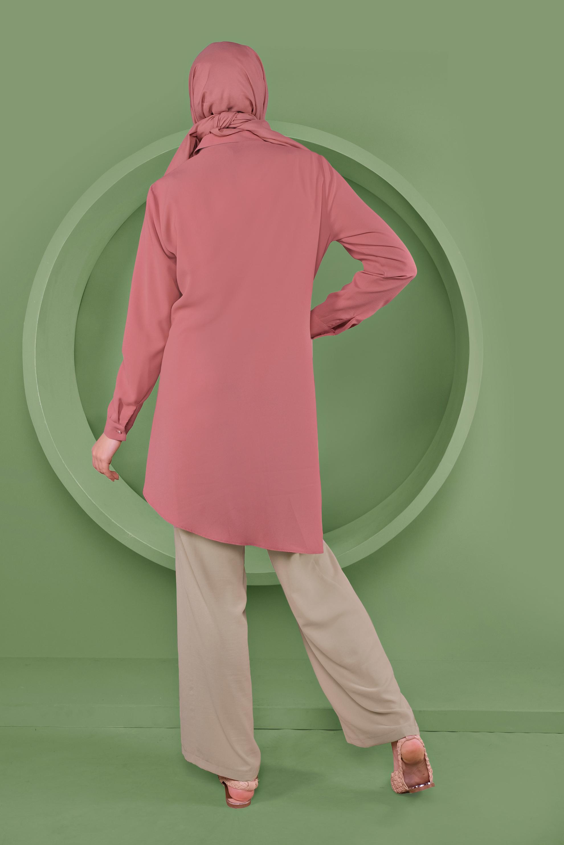 Tesettür giyim PEMBE ASİMETRİK KESİM PANTOLONLU TAKIM 40789