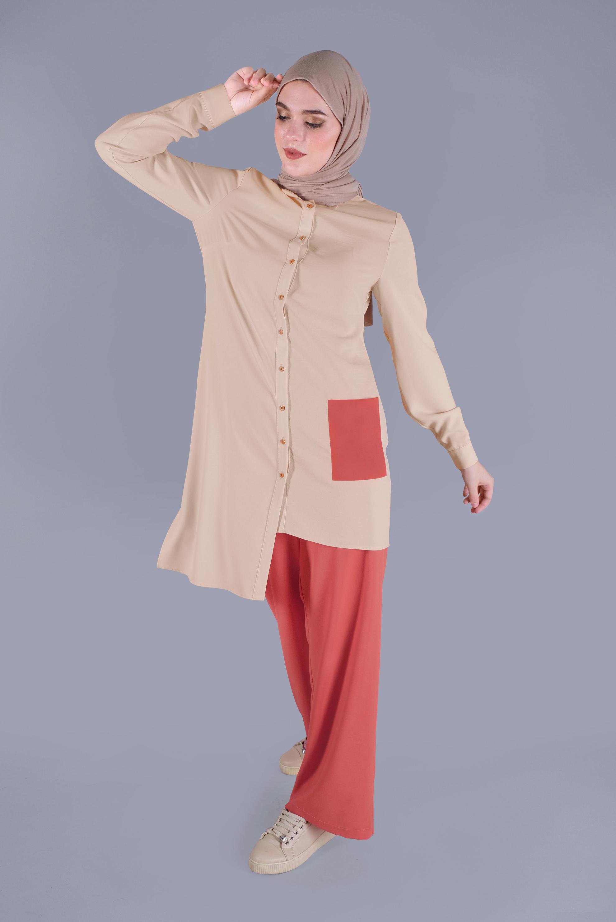 Tesettür giyim VİZON ASİMETRİK KESİM PANTOLONLU TAKIM 40789