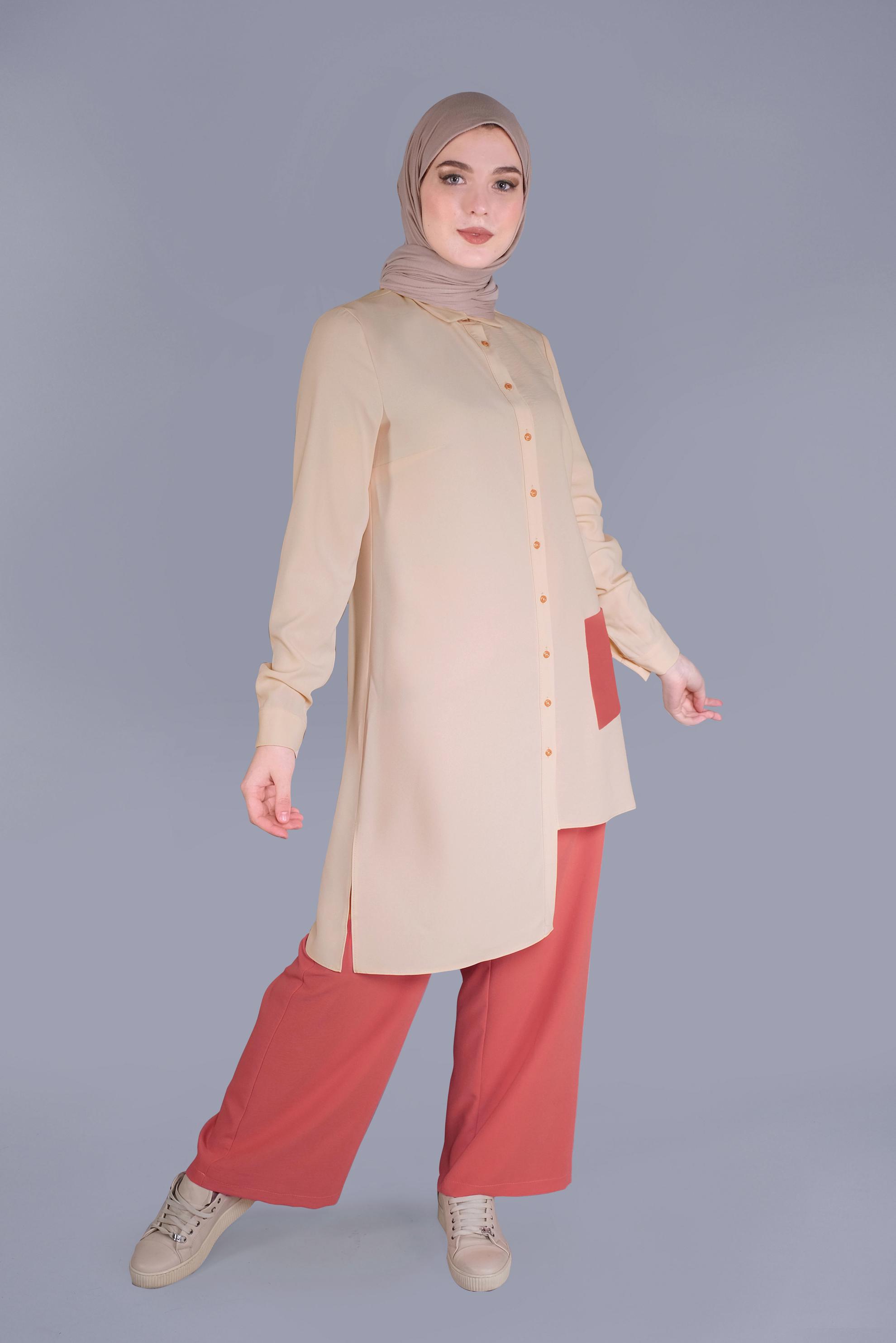 Tesettür giyim VİZON ASİMETRİK KESİM PANTOLONLU TAKIM 40789